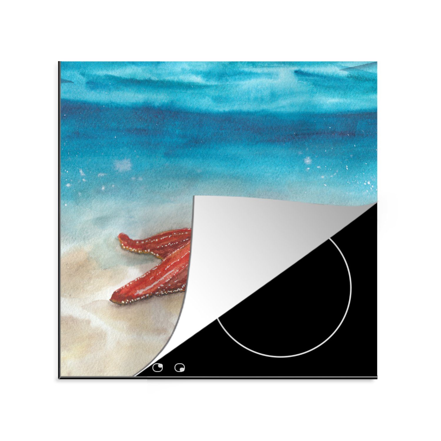 MuchoWow Herdblende-/Abdeckplatte Seestern - Aquarell - Meer, Vinyl, (1 tlg), 78x78 cm, Ceranfeldabdeckung, Arbeitsplatte für küche
