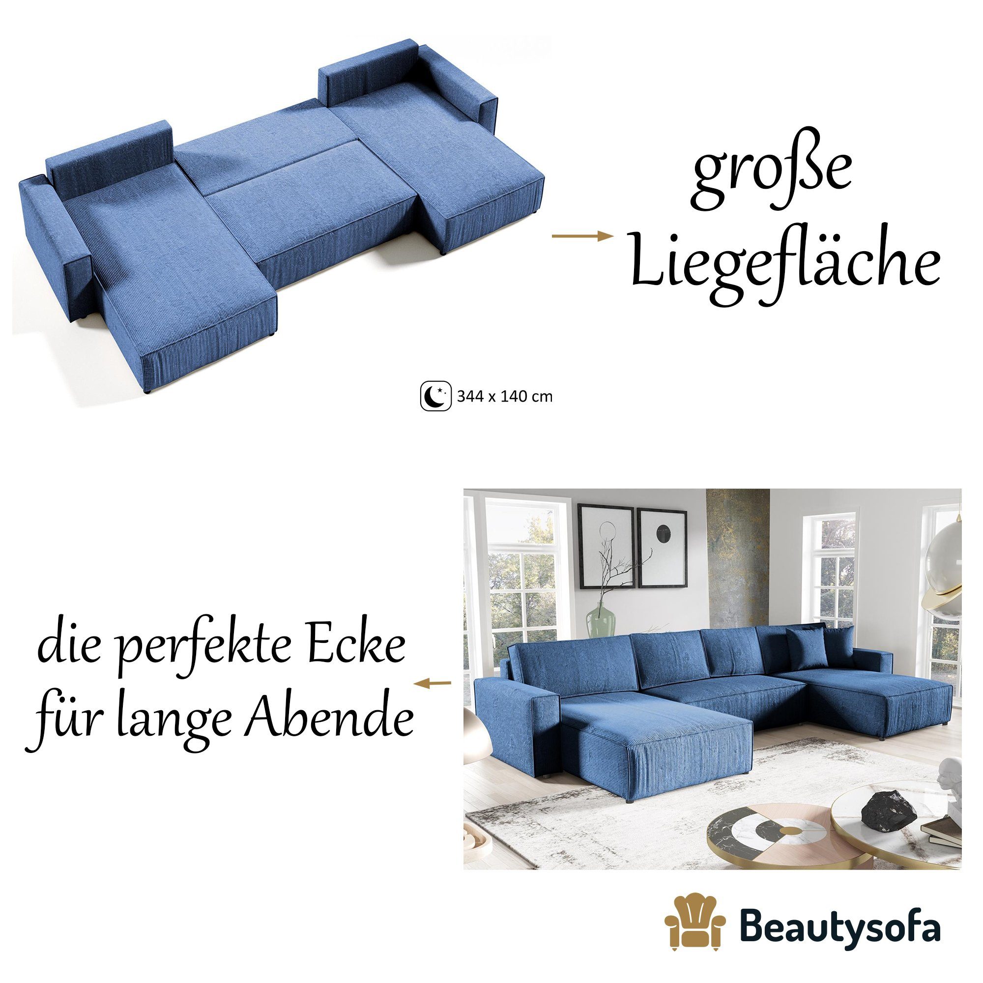 cm Marineblau Polsterecke U, Ecksofa u-förmig Schlaffunktion, XXL, universelle Parys Beautysofa mit Bettkasten, 05) mane (poso Ecke, 390