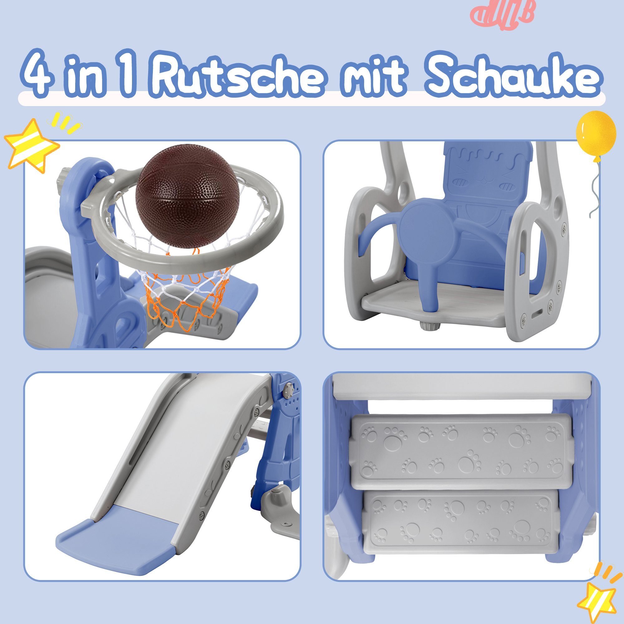 Ulife Indoor-Rutsche 4 in In- Schaukel Basketballkorb, Outdoor und mit für 1 Rutsche Kinderrutsche Blau Fun-Slide