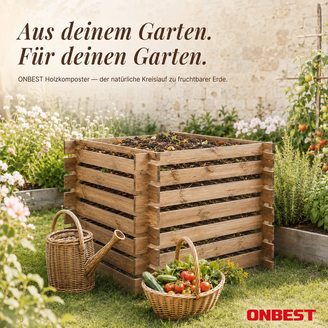 Onbest Komposter 2cm dickes Holz 100x72x100cm Stecksystem, BxTxH: 100x100x72 cm, 520 l, 520L, Made in Europe