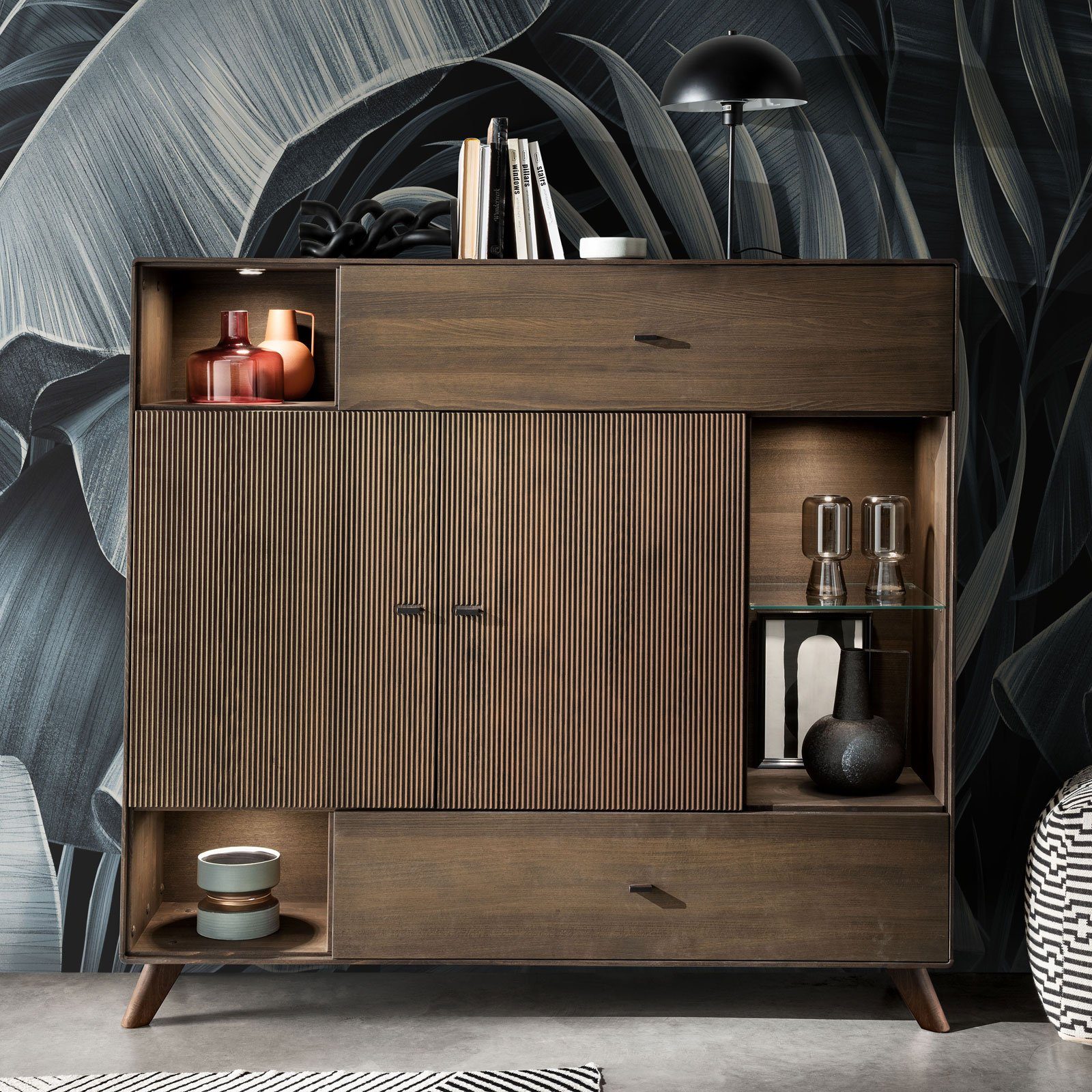 Casamia Highboard Highboard Hochanrichte Massivholz B 156 H 145cm Varese Kernbuche braun