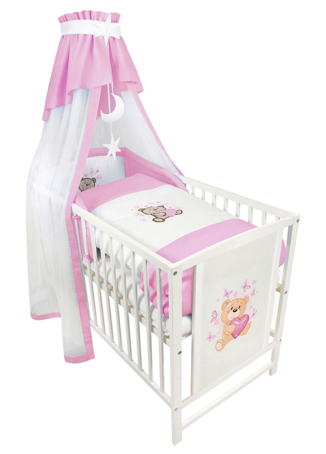 hopsibaby Kinderbett Babybett Komplettbett 60 × 120 cm Teddy & Schmetterlinge Rosa, Baumwolle, bestickt