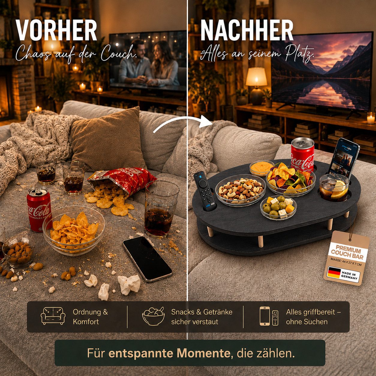 PEGSEN Servierplatte Couchbar Snackbox mit 4 Snackschalen Couch Tablett, Birkenholz, (Set, 5-tlg., 4x Glasschalen), Getränke & Snacks stehen stabil