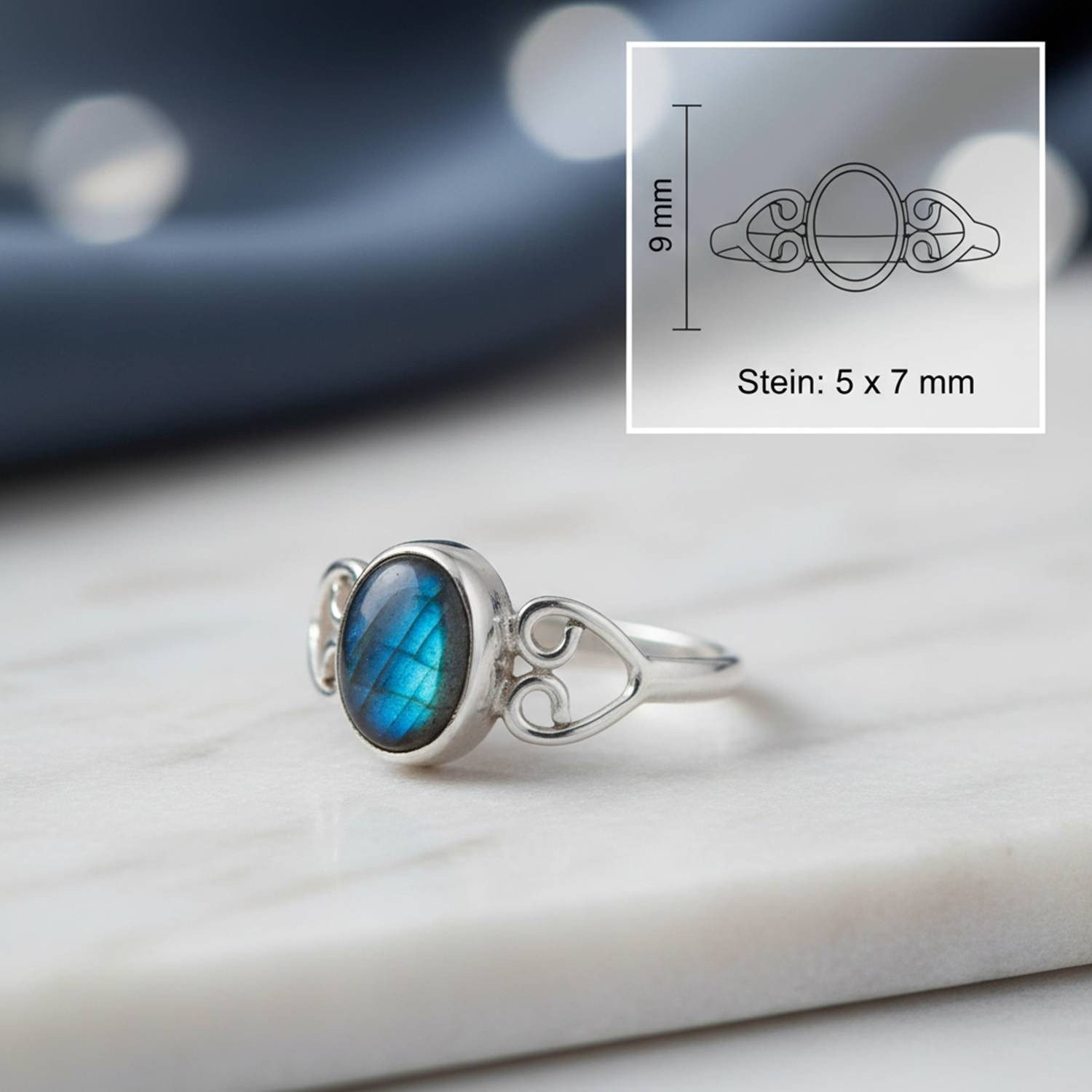 mantraroma Silberring ORITI aus 925 Silber mit Labradorit (Ring mit Schmuckbeutel), Damenring aus 925er Silber