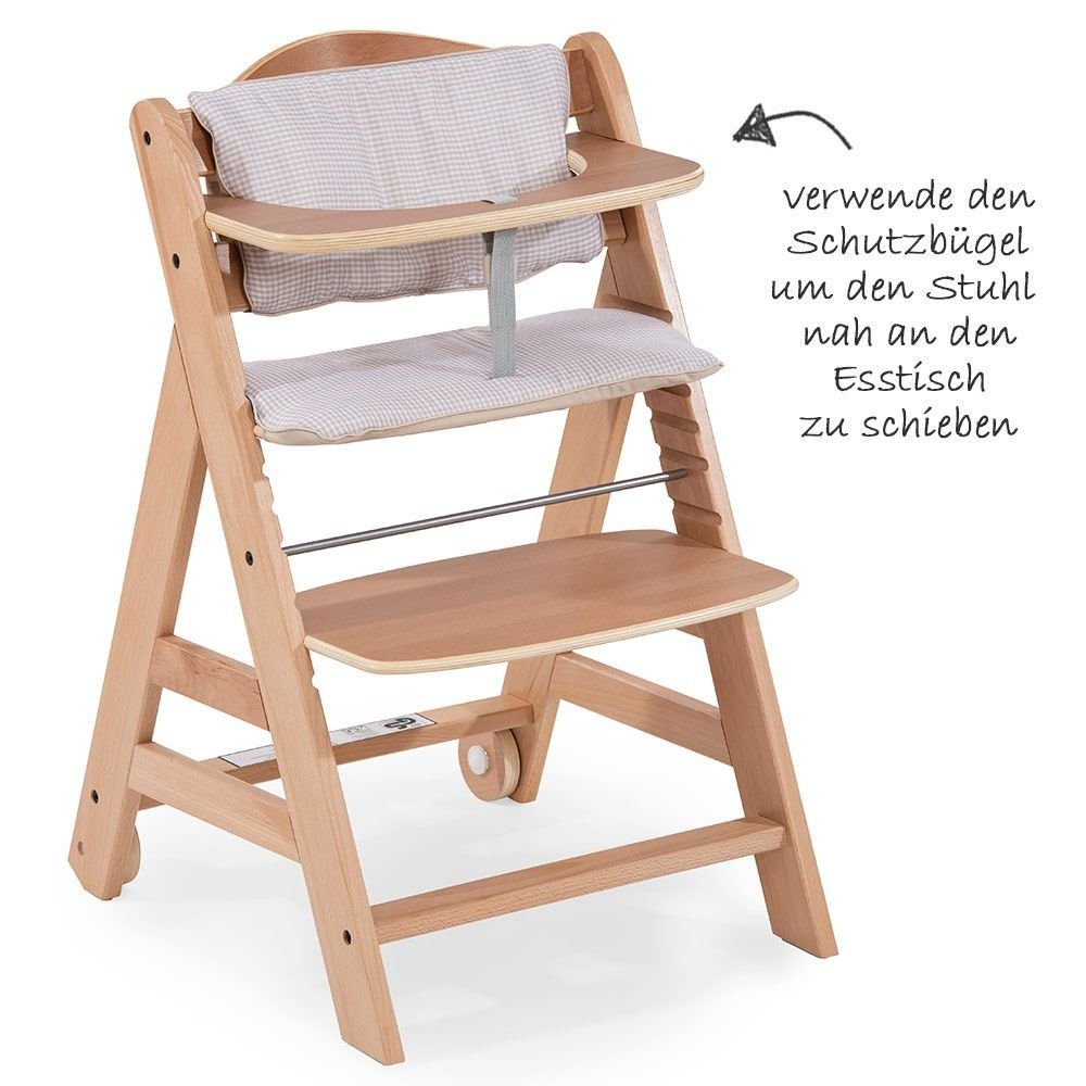 Hauck Hochstuhl Beta Plus - (3 & Mitwachsender Holz Check Sitzauflage Natur mit Rollen Kinderhochstuhl Essbrett, St)