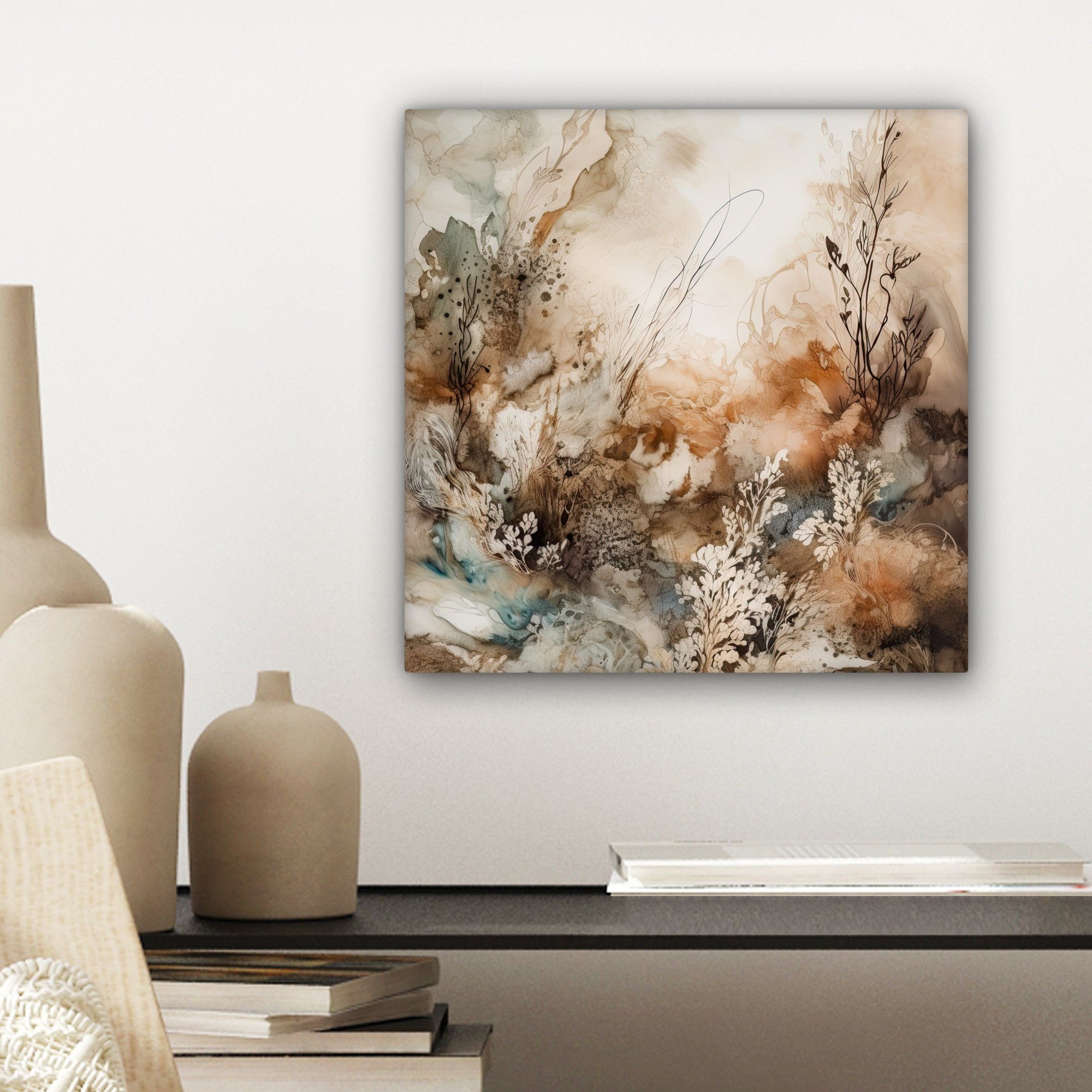 Schlafzimmer, Bilder Kunst Farbe St), Natur - Beige - Leinwand OneMillionCanvasses® cm für - - Abstrakt Wohnzimmer Leinwandbild - (1 Blumen, 20x20