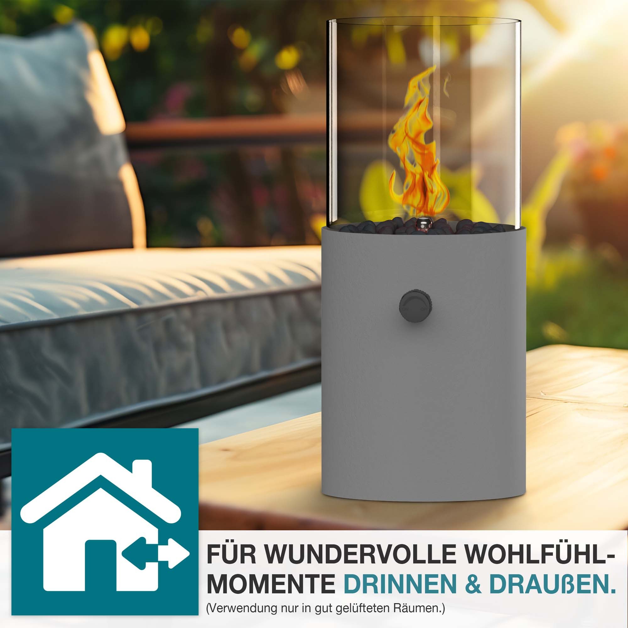 TOM Tischfeuer Tischkamin mit Gas mit 3x 190g Gas-Kartuschen, 12h Brenndauer, Dekosteine, Rund, Outdoor, Indoor