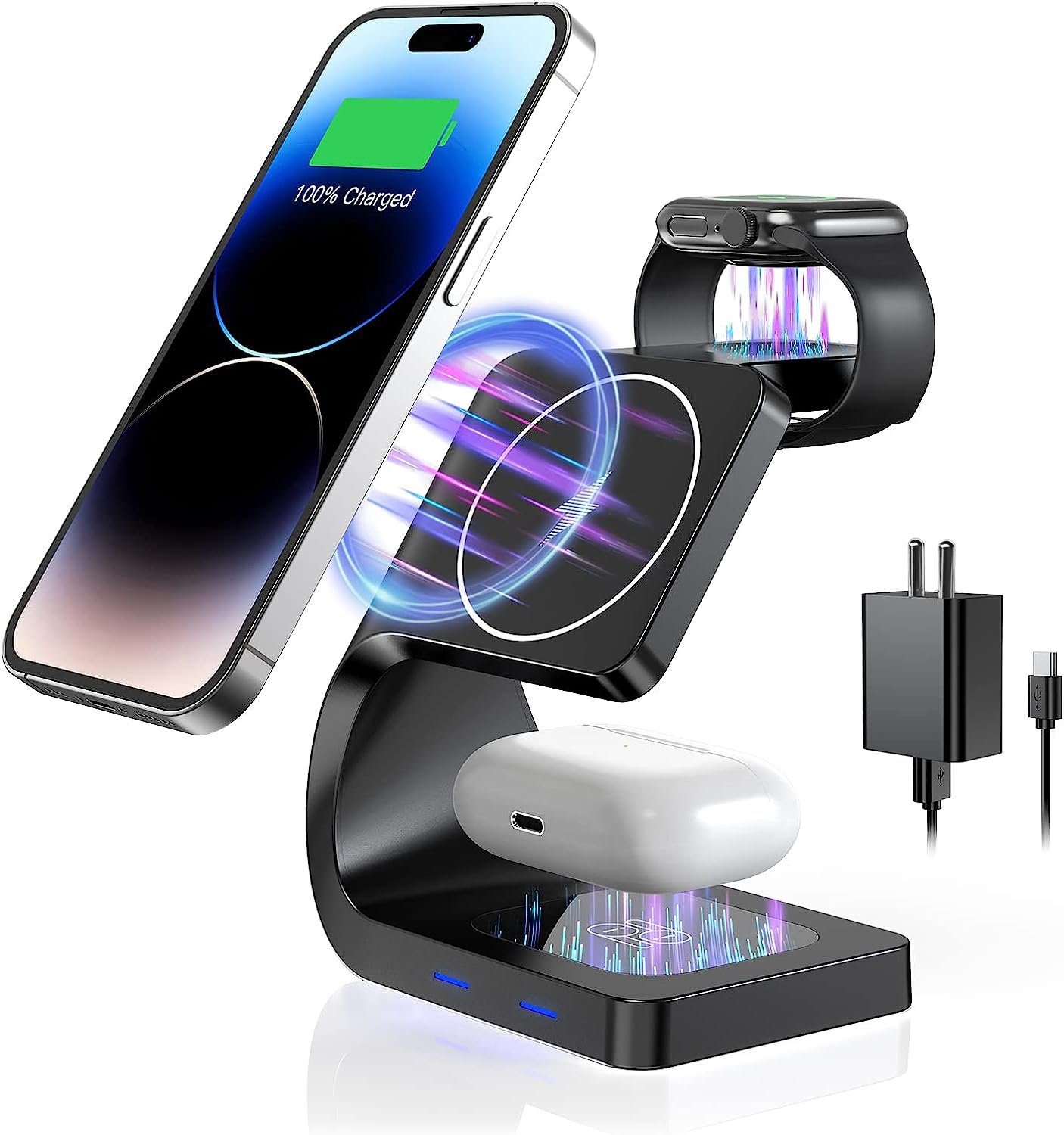 EUARY Ladestation 3 in 1 Induktive Ladegerät Kabellose Wireless Charger  Induktions-Ladegerät (für iPhone 14/13/12 Pro Max/Pro/Mini,  Mag-Safe-Ladeständer mit QC3.0-Adapter)