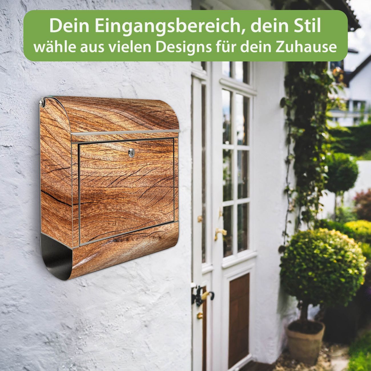 banjado Wandbriefkasten Edelstahl mit Motiv Holz Struktur Fließend (Wandbriefkasten groß, mit Zeitungsfach), 38 x 42,5 x12 cm