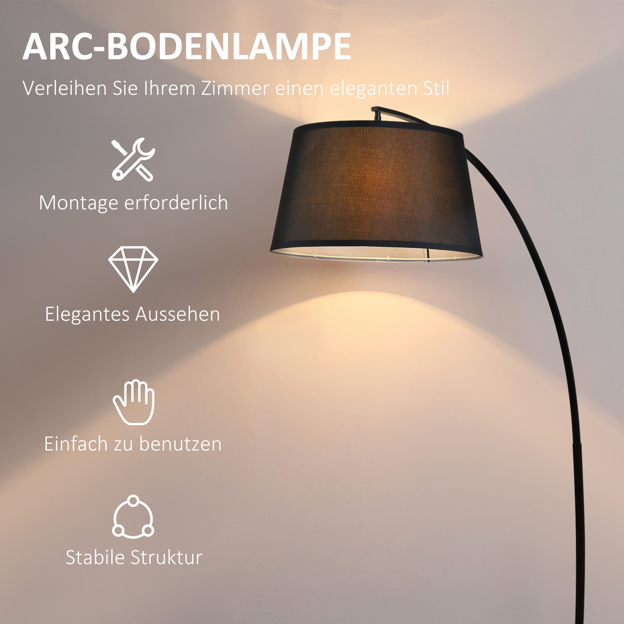 HOMCOM Stehlampe Wohnzimmer Stehleuchte mit Lampenschirm aus Stoff, Fußschalter, ohne Leuchtmittel, mit Metallständer für Schlafzimmer, Schwarz