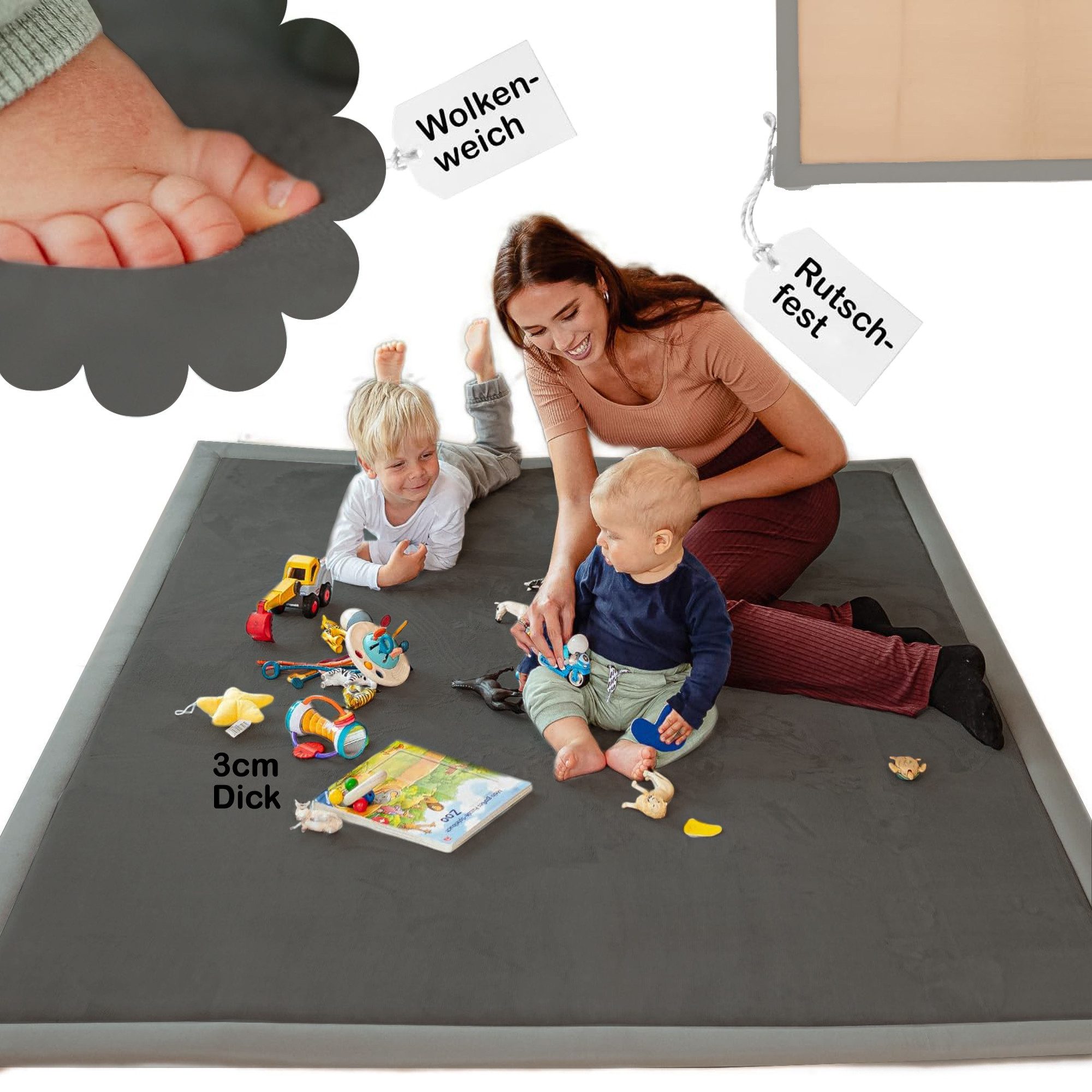 BabyBeFun Spielmatte [Extra Weich] 3cm dicke Krabbelmatte Baby, hochwertiger Memory-Schaum, Rutschfest, Deutsche Marke