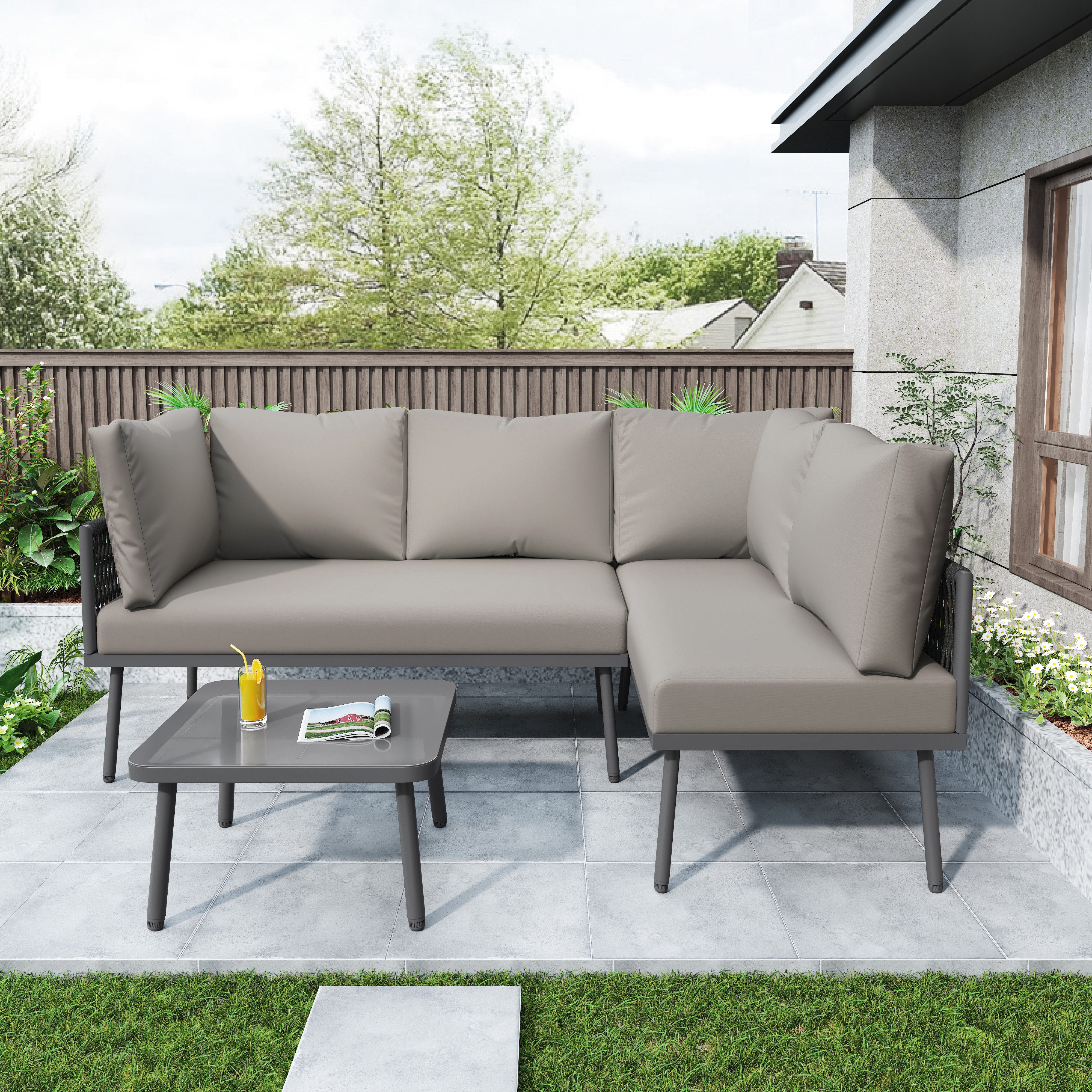 KLAM HOME Gartenlounge-Set aus grauem Seil handgefertigt mit Sitzkissen für 4 Personen, (3tlg., 2 Sofas 1 Tisch), Verstellbaren Füßen für Outdoor Terrasse Balkon Garten Indoor