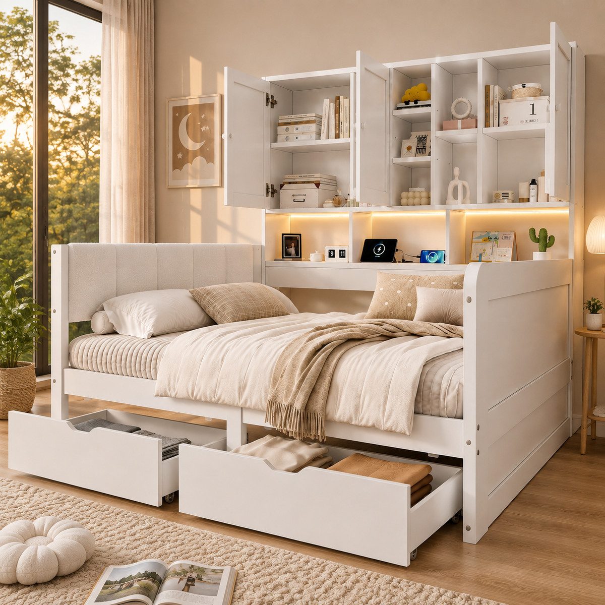 Odikalo Kinderbett Jugendbett 90x200, mit LED USB und Schubladen (mit PU-gepolstertes Kopfteil, Tagesbett, L-förmiges Holzbett, Daybett mit Regale und Schränken)