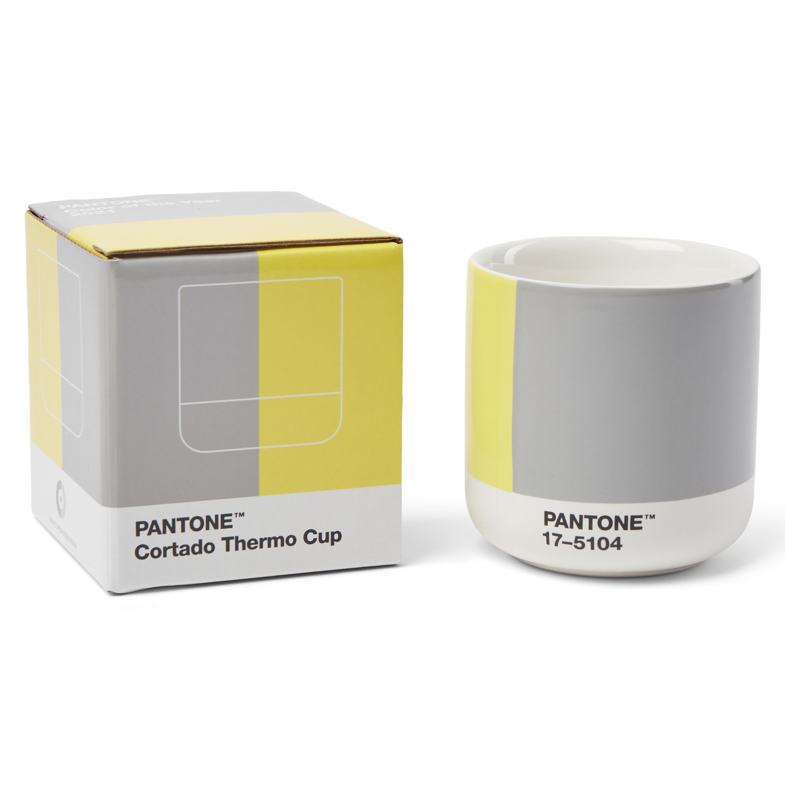 PANTONE Kaffeeservice, Porzellan Thermobecher Cortado,190 ml, Geschenkbox- Illuminating 13-0647 & Ultimate Gray 17-5104