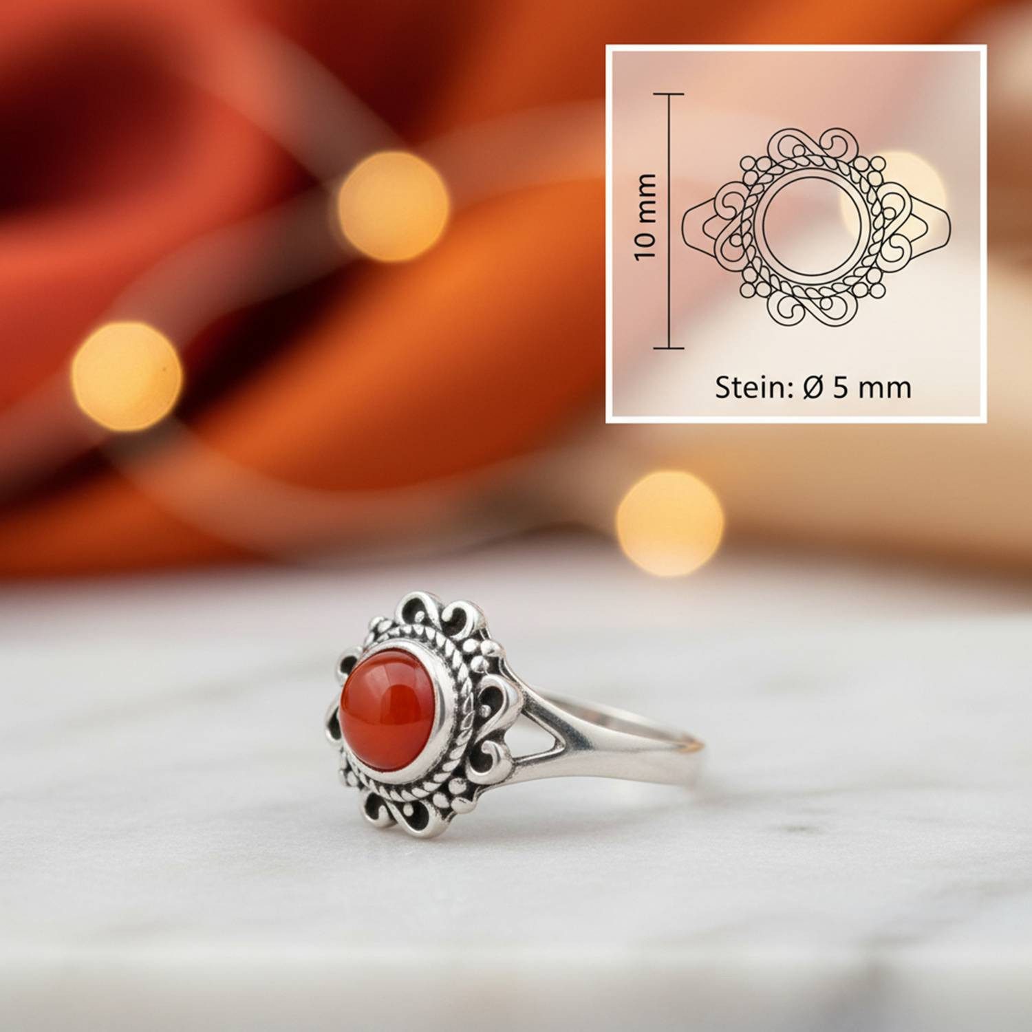 mantraroma Silberring CARINO aus 925 Silber mit Karneol (Ring mit Schmuckbeutel), Damenring aus 925er Silber