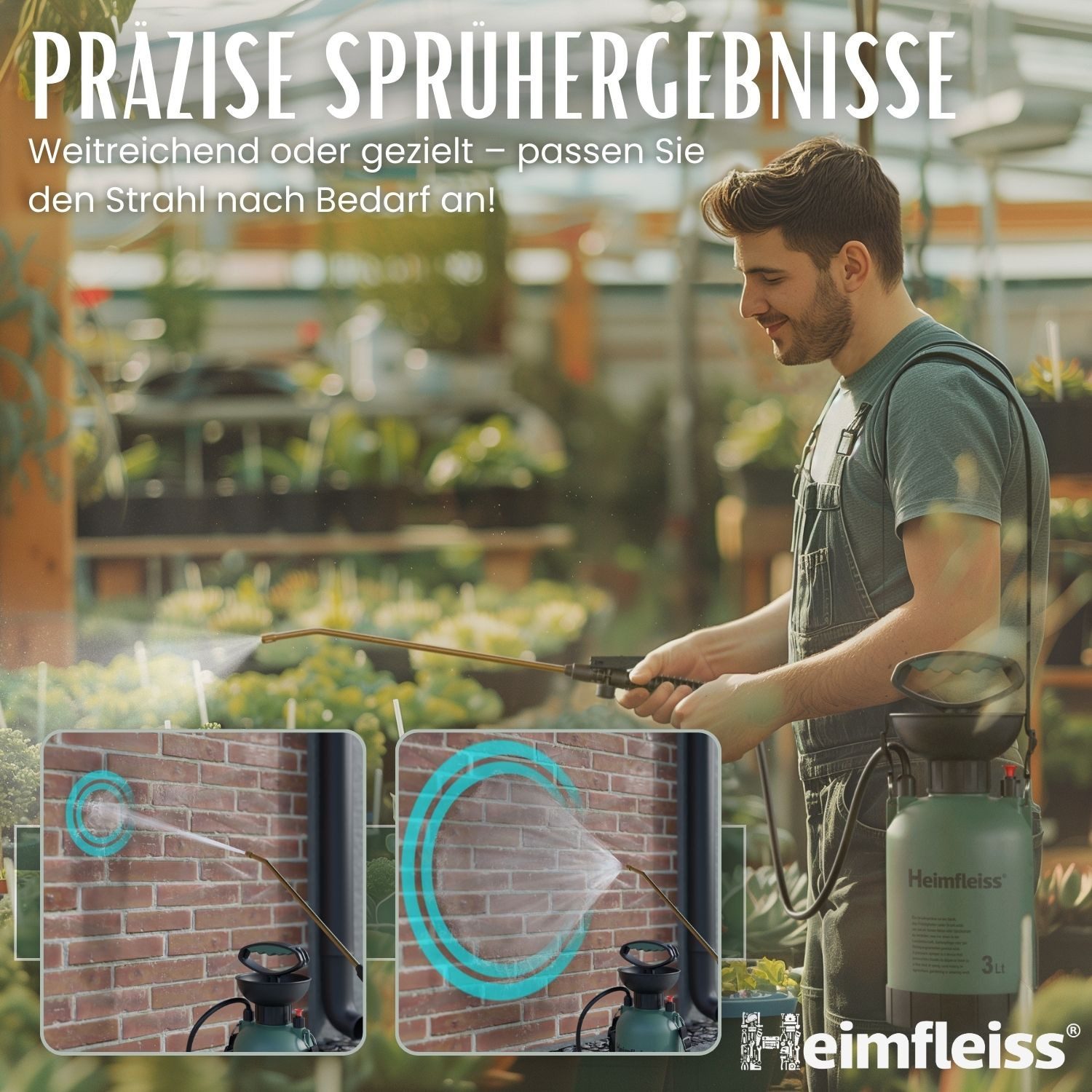 Heimfleiss® Gartenspritze Drucksprüher 3L / 5L – Gartenspritze mit Messinglanze, (3 Liter), Robuste Unkrautspritze mit verstellbarem Sprühstrahl & Schultergurt