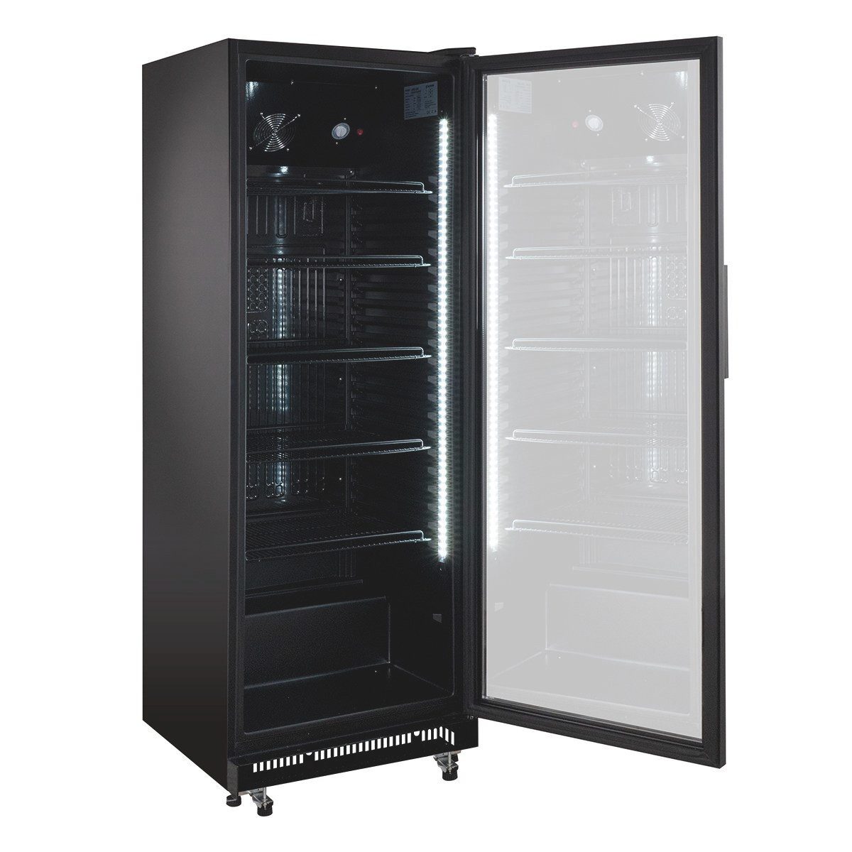 GastroHero Getränkekühlschrank GKS-360 GKS-360 Flaschenkühlschrank, Glastür & LED, abschließbar schwarz, 175.6 cm hoch, 62 cm breit, selbstschließender Isolierglastür, schwarz