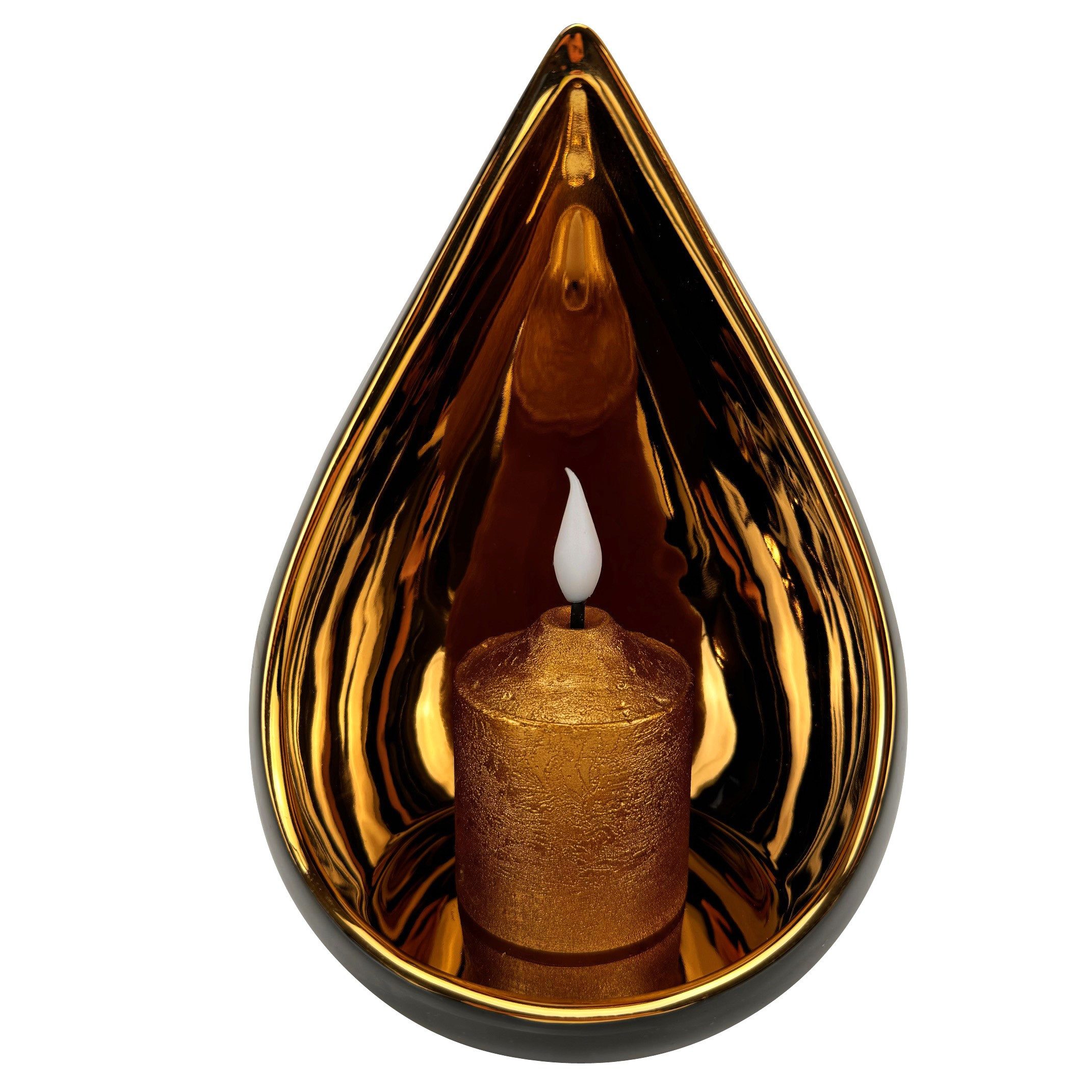 Online-Fuchs Windlicht - Kerzenhalter Tropfen mit LED-Kerze und 6-Stunden Timer (Schwarz, Gold oder Taubenblau, Silber, Kerze mit realistischer Flamme), glänzende Spiegeloptik