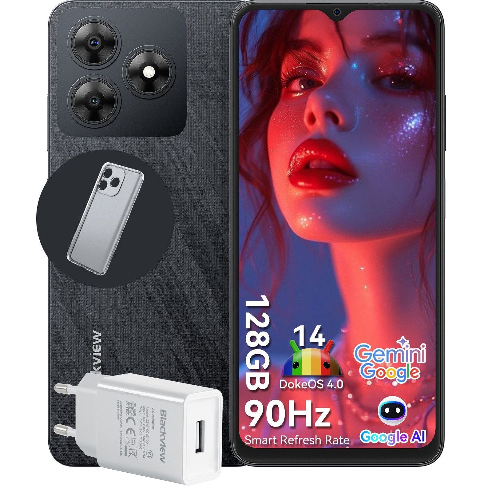 blackview Wave8 incl. 10W USB-Ladegerät AI Smartphone (128 GB Speicherplatz, Dual SIM 4G, Android 14, AI-Dialog)