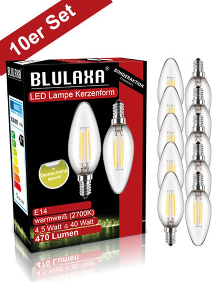BLULAXA LED-Filament Retro Multi, E14, 10 St., Warmweiß, 10er-Set, Promotion-Pack Kerzenform, Filament, klar