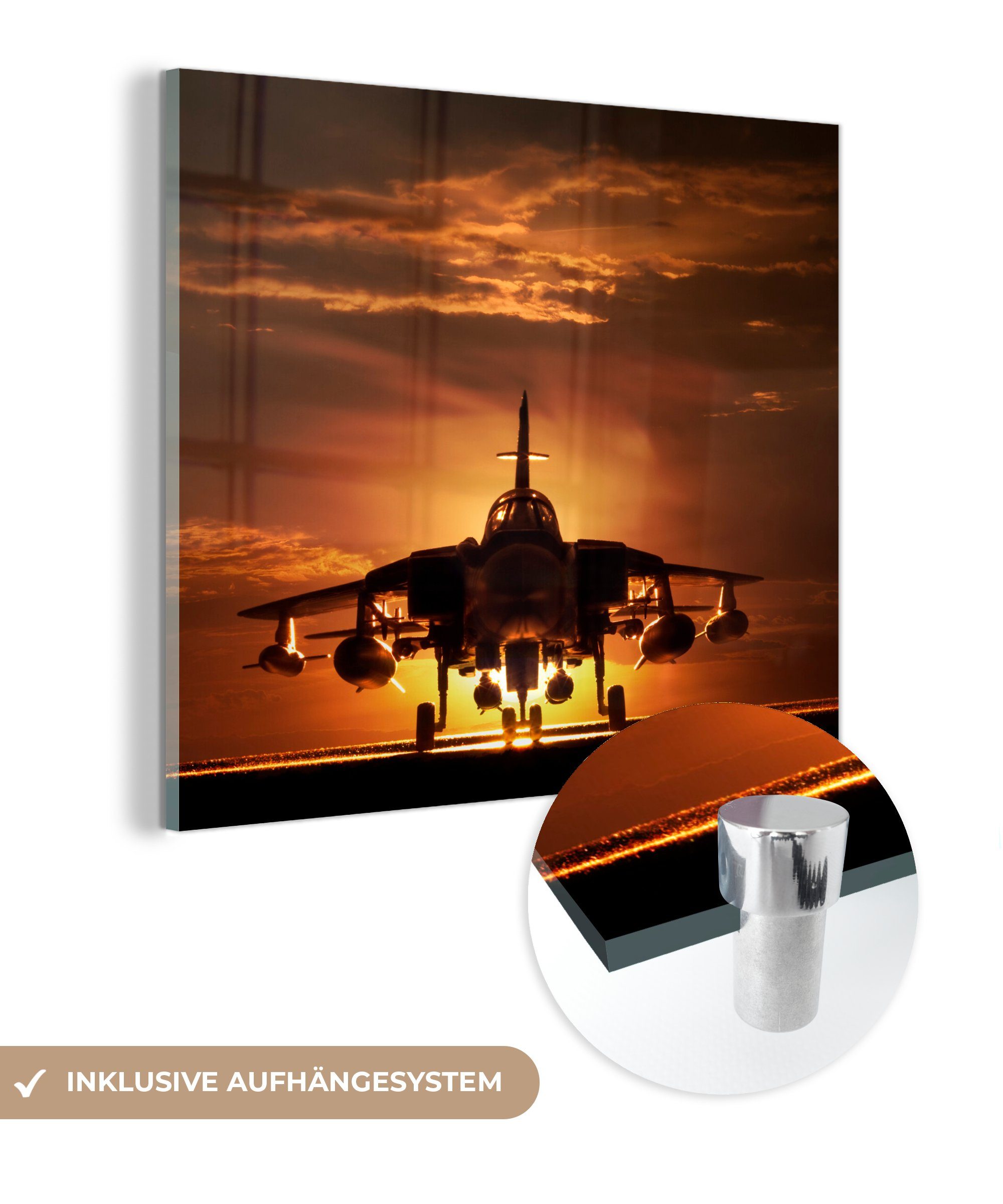 Glas Wandbild Glasbilder Kampfjets bei Sonnenuntergang, - Die Acrylglasbild - Silhouette (1 - eines Glas Foto auf St), Wanddekoration Bilder auf MuchoWow