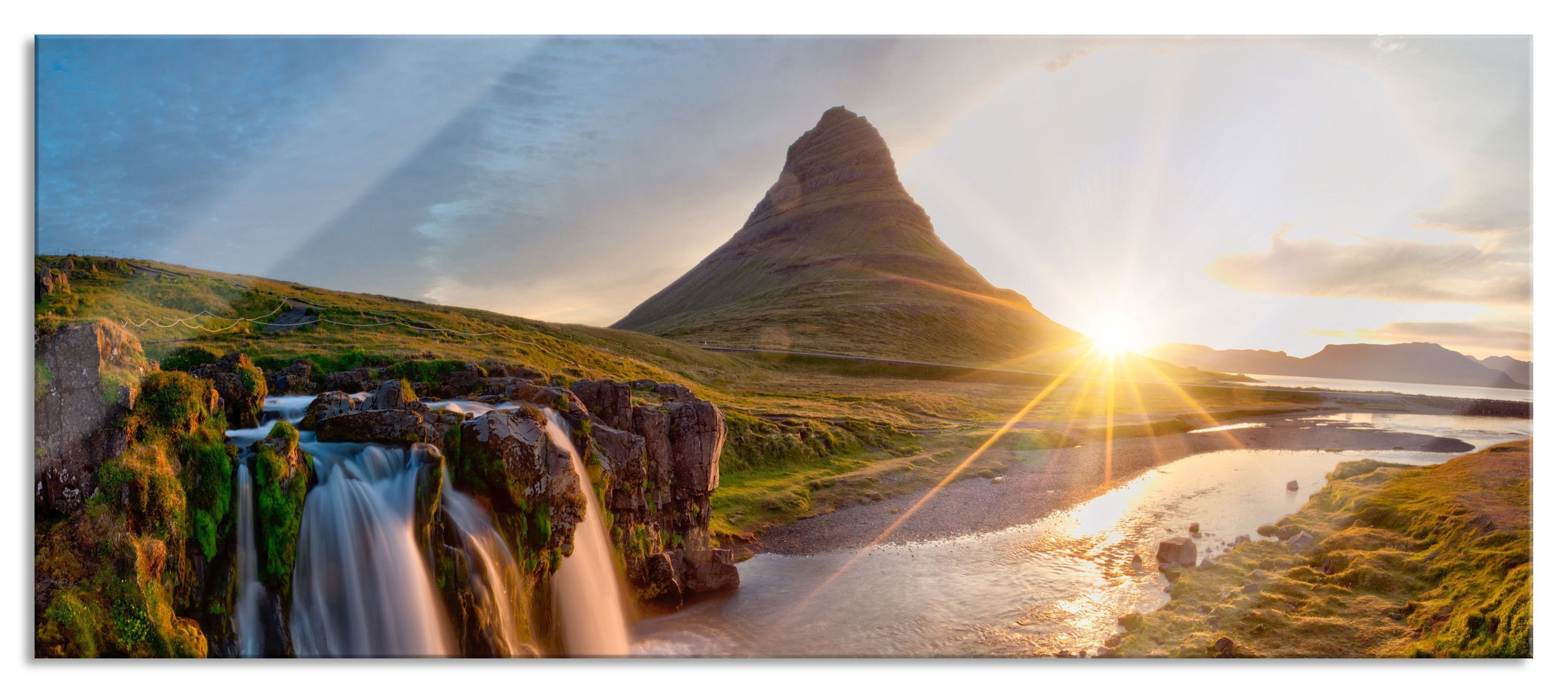Glasbild Wasserfall in Isalnd bei Sonnenuntergang