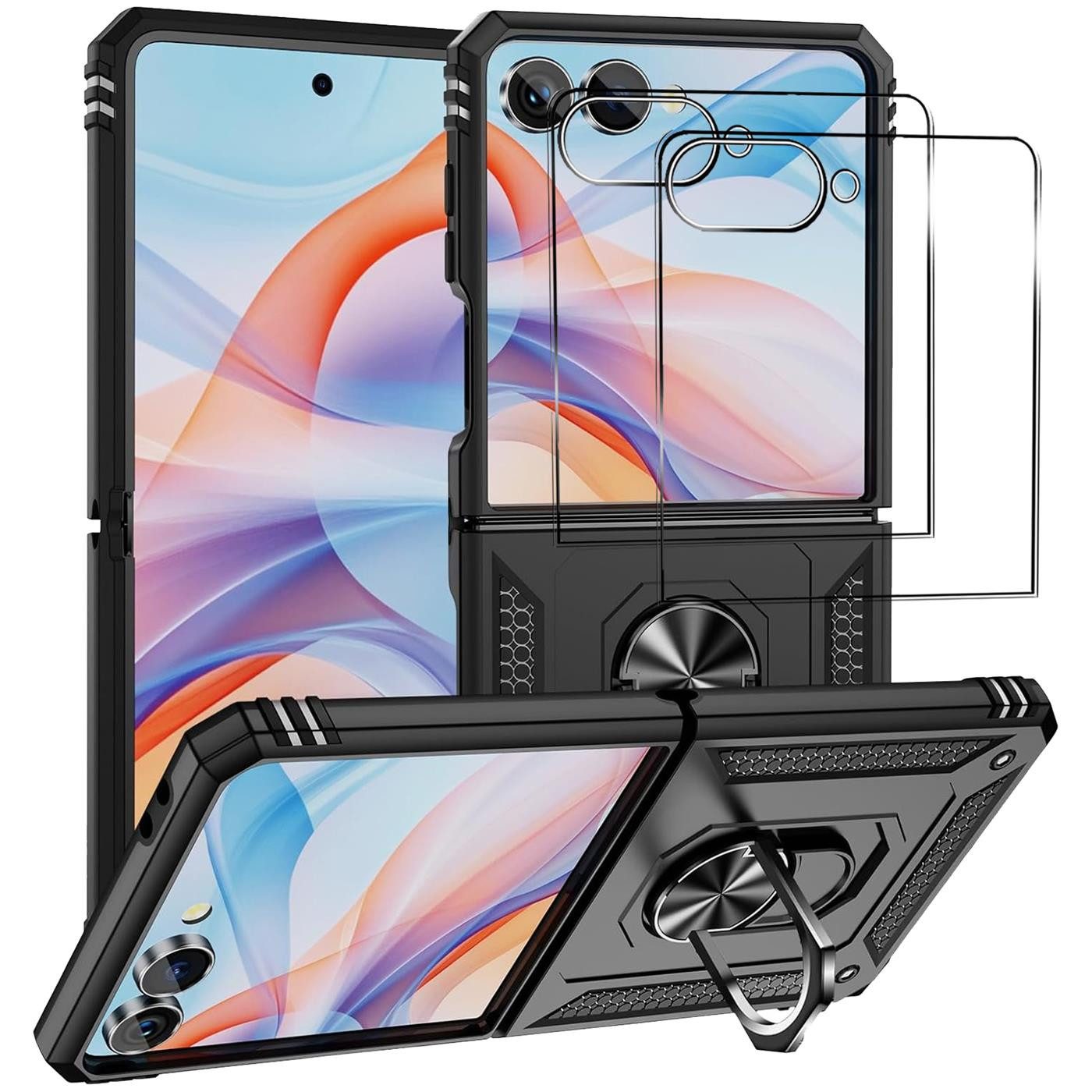 CoolGadget Handyhülle Schwarz als 2in1 Schutz Cover Set für das Samsung Galaxy Z Flip 7 6,9 Zoll / 4,1 Zoll, 2x Glas Display Schutz Folie + 1x TPU Case Hülle für Galaxy Z Flip 7