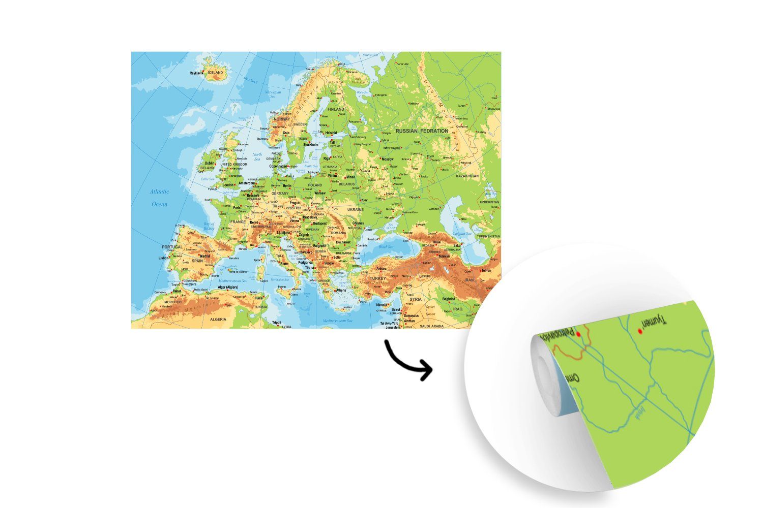MuchoWow Fototapete Karte - Europa (6 Land, Wandtapete St), Montagefertig Matt, - Vinyl bedruckt, Tapete für Wohnzimmer