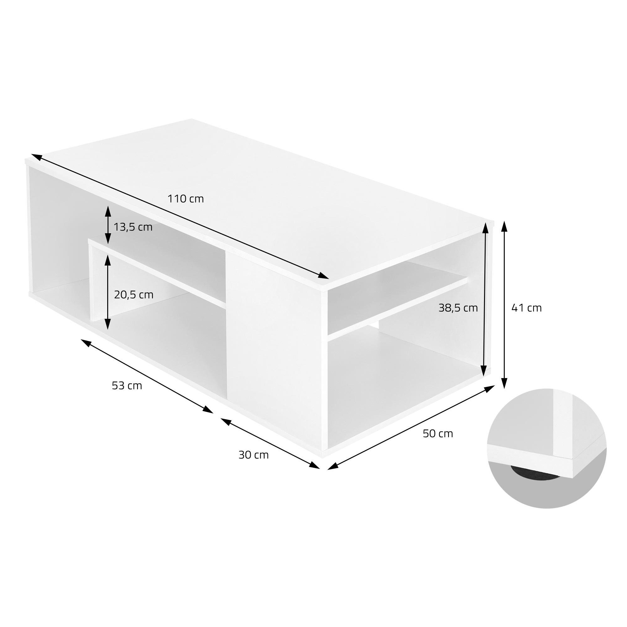 ML-DESIGN 3 Weiß auf 4 Beistelltisch Geräumig Couchtisch Kaffeetisch mit Etagen 110x50x41cm Holztisch, Sofatisch Abstellflächen Wohnzimmertisch