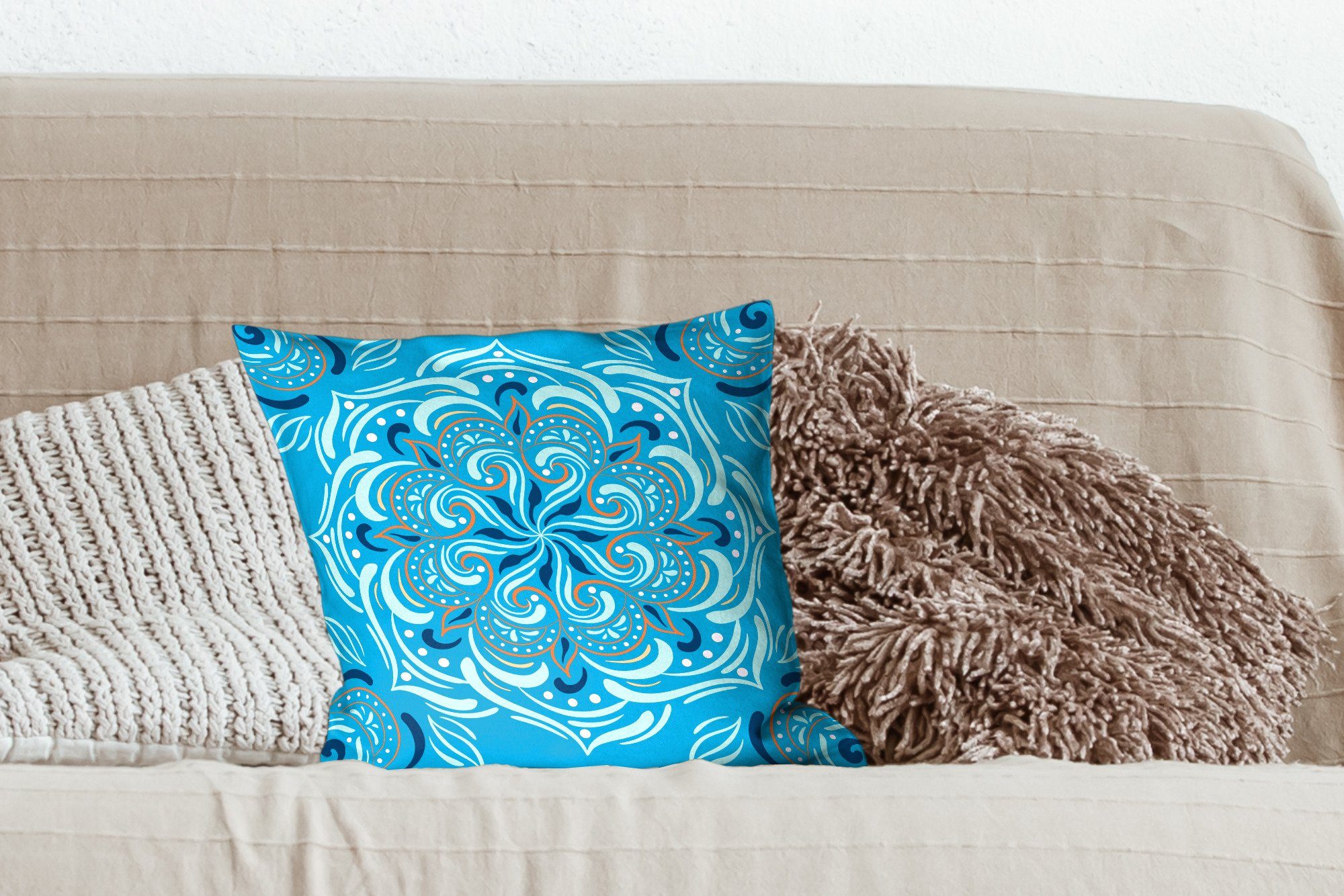 - Mandala mit Wohzimmer, Sofakissen - Zierkissen Blau Deko, Schlafzimmer, Füllung Dekokissen für MuchoWow Muster, - Orange