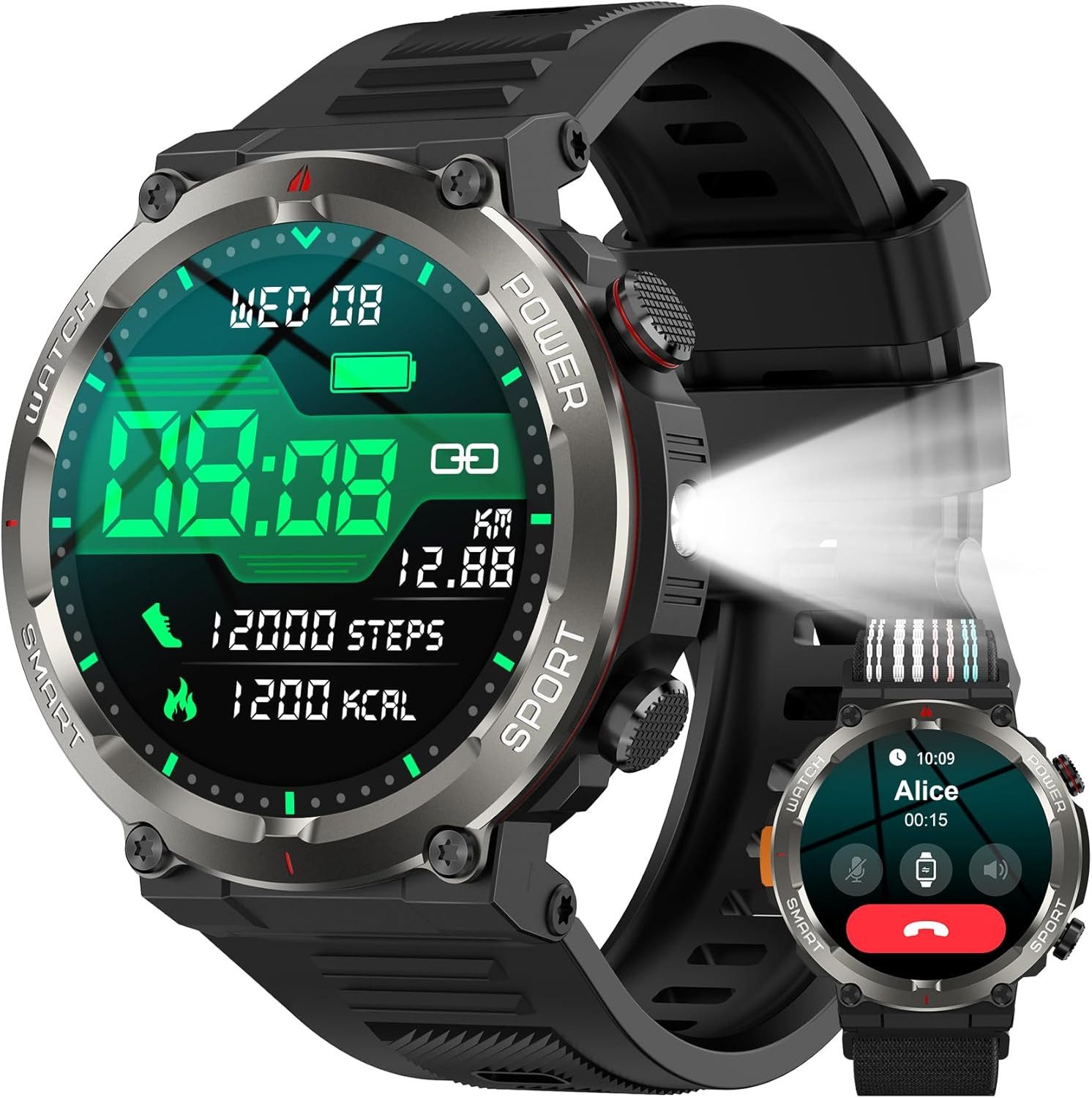 blackview Smartwatch Herren Militär,960mAH Akku,Telefonfunktion,100 Tage Standby Smartwatch (1.45 Zoll, IOS&Android), 1-tlg., 1,45'', LED Taschenlampe Fitnessuhr mit 110+ Sportmodi, IP68 Sportuhr