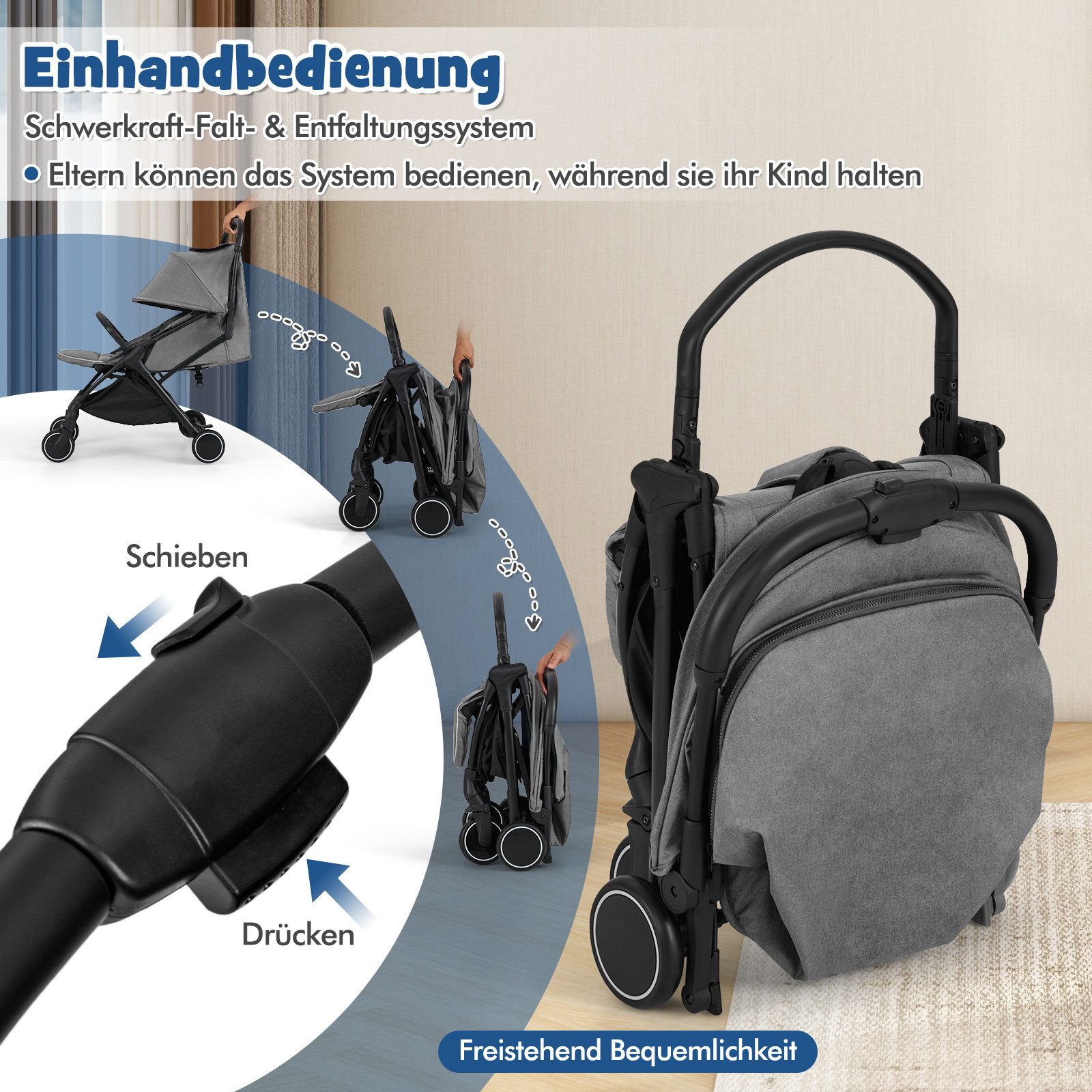 COSTWAY Kinder-Buggy, Kinderwagen klappbar, Reisebuggy, mit Liegefunktion