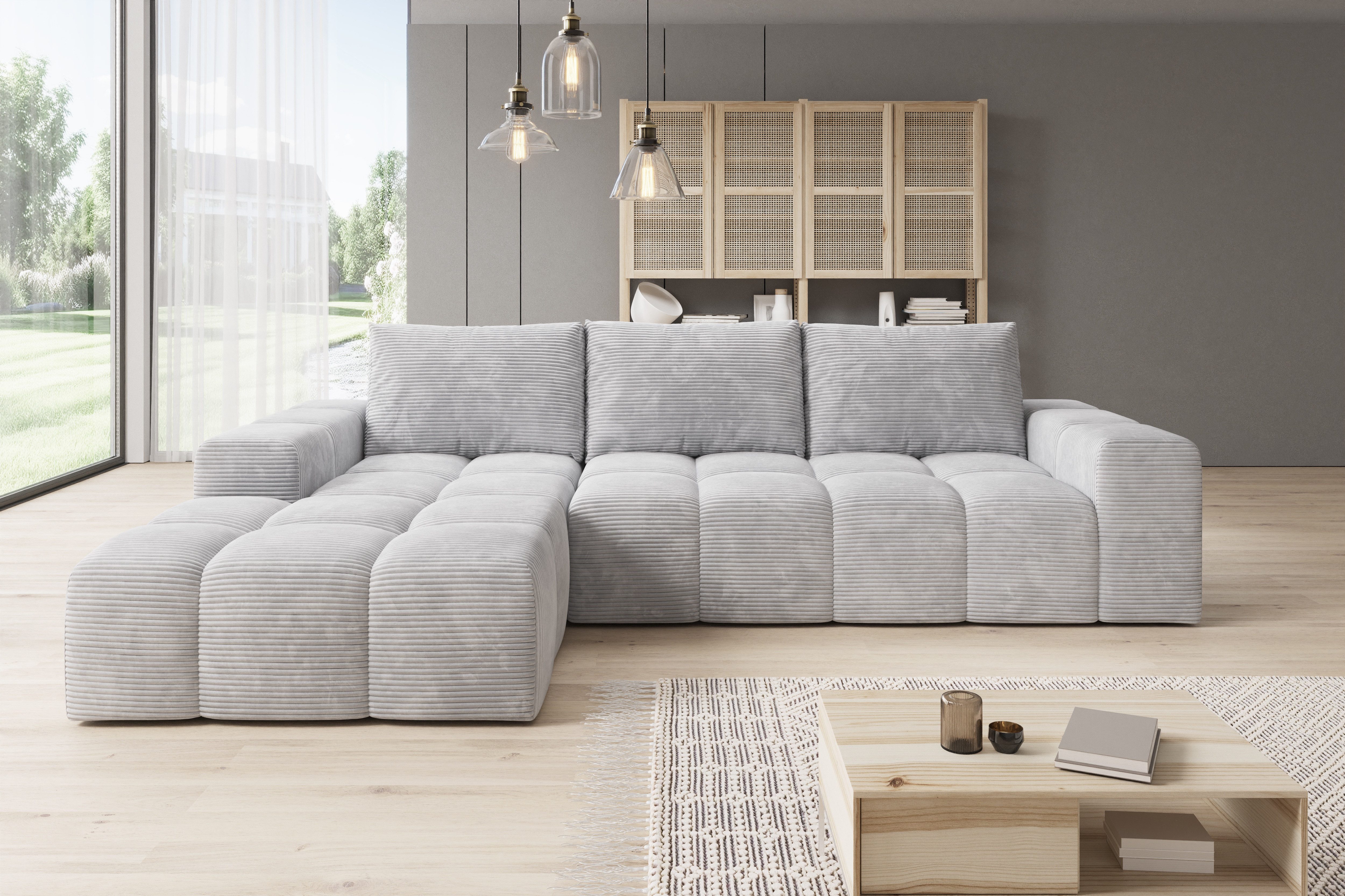 PROMETO Möbel Ecksofa Cento Couch L-Form,Sofa Links/Rechts Teddy-Bouclé, Web oder Cord-Stoff