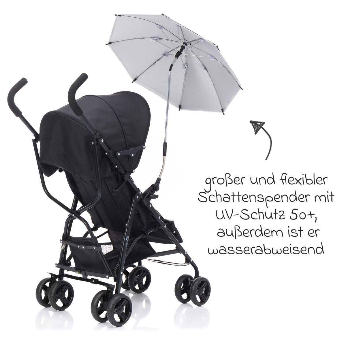 Fillikid Kinderwagenschirm Schwarz, Sonnenschirm Sonnenschutz für Kinderwagen & Buggy - UV Schutz 50+