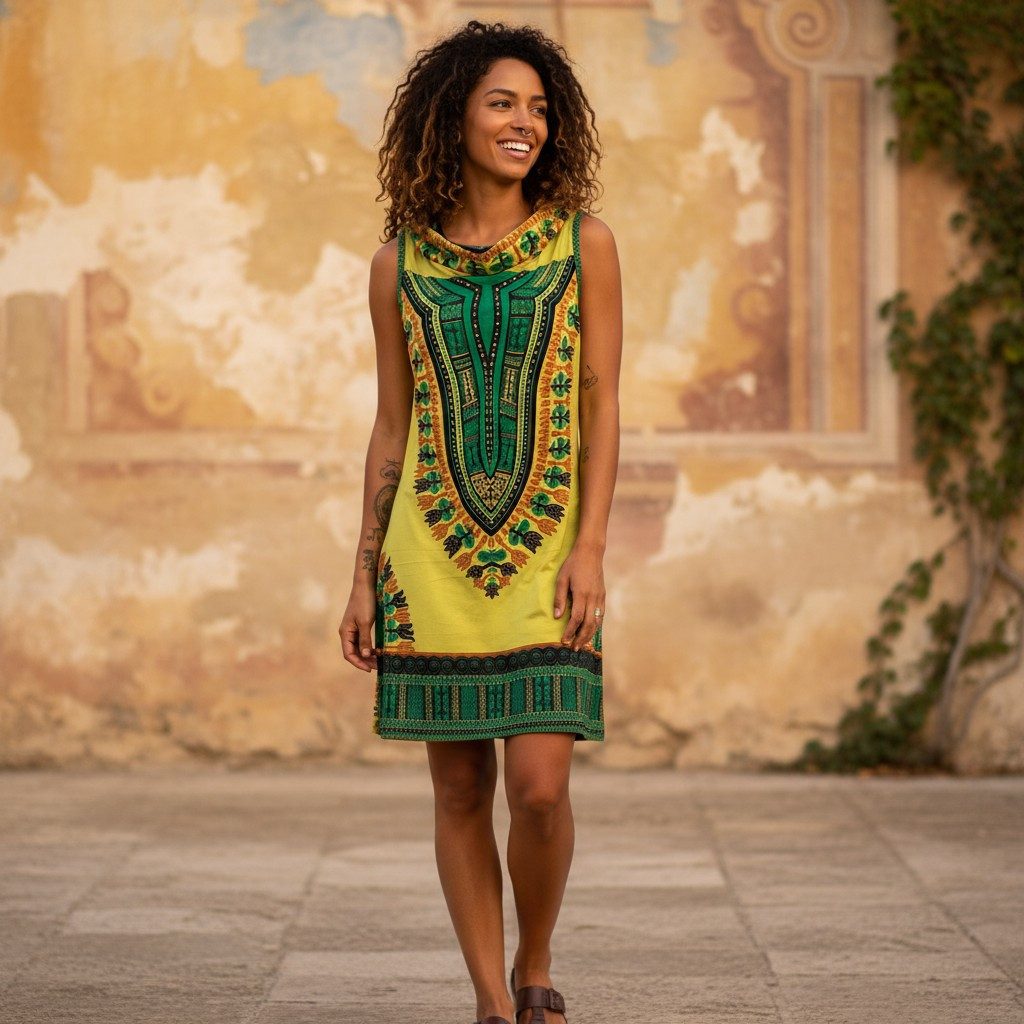 Guru-Shop Midikleid Kapuzen Dashiki Minikleid, Goa Festivalkleid -.. alternative Bekleidung