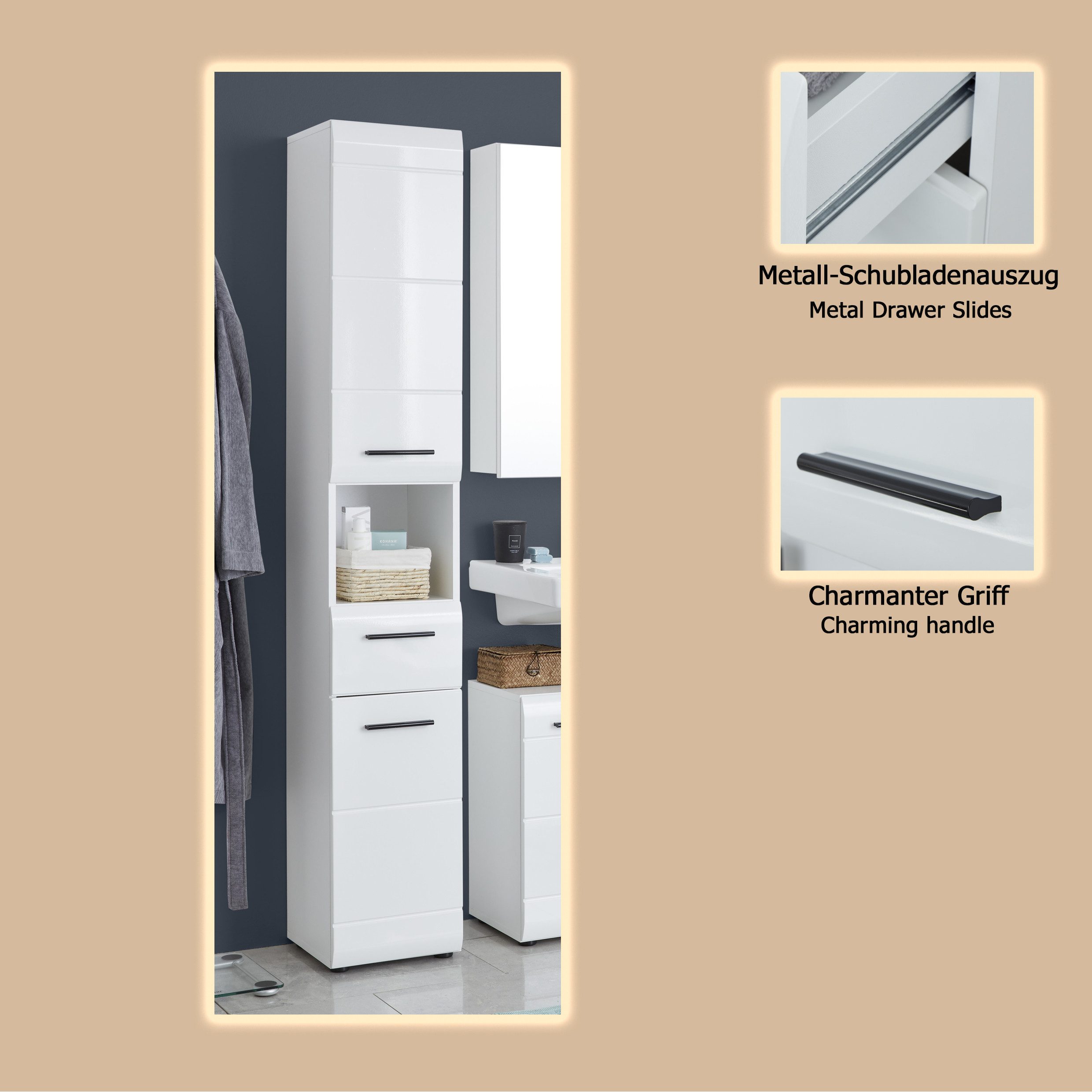 welltime Hochschrank Sovana Badschrank mit einer Schublade und 5 Fächern - (B/T/H) 30/31/182 cm – Bild 5 von 5