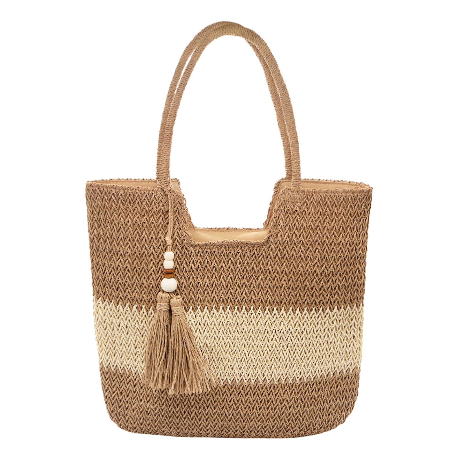 MOPUEA Strandtasche Damen Strandtasche Sommer Strohtasche mit Reißverschluss (Set, 1-tlg., Boho Stil Tasche Shopper Schultertasche), Schultertasche Handtasche für Strand Reise und Urlaub