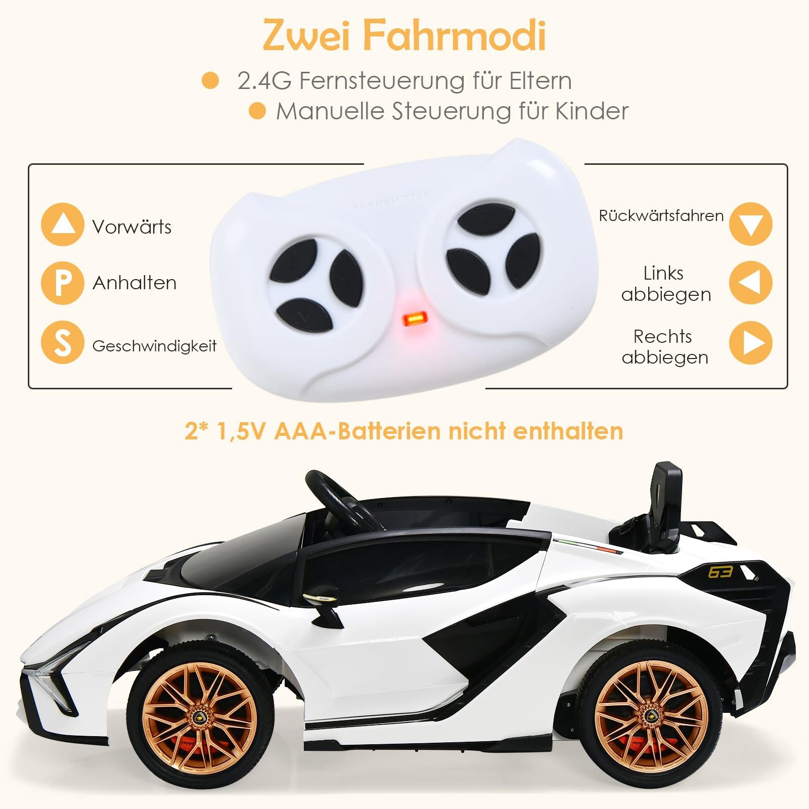 COSTWAY Elektro-Kinderauto 12V Lamborghini, 3-5km/h