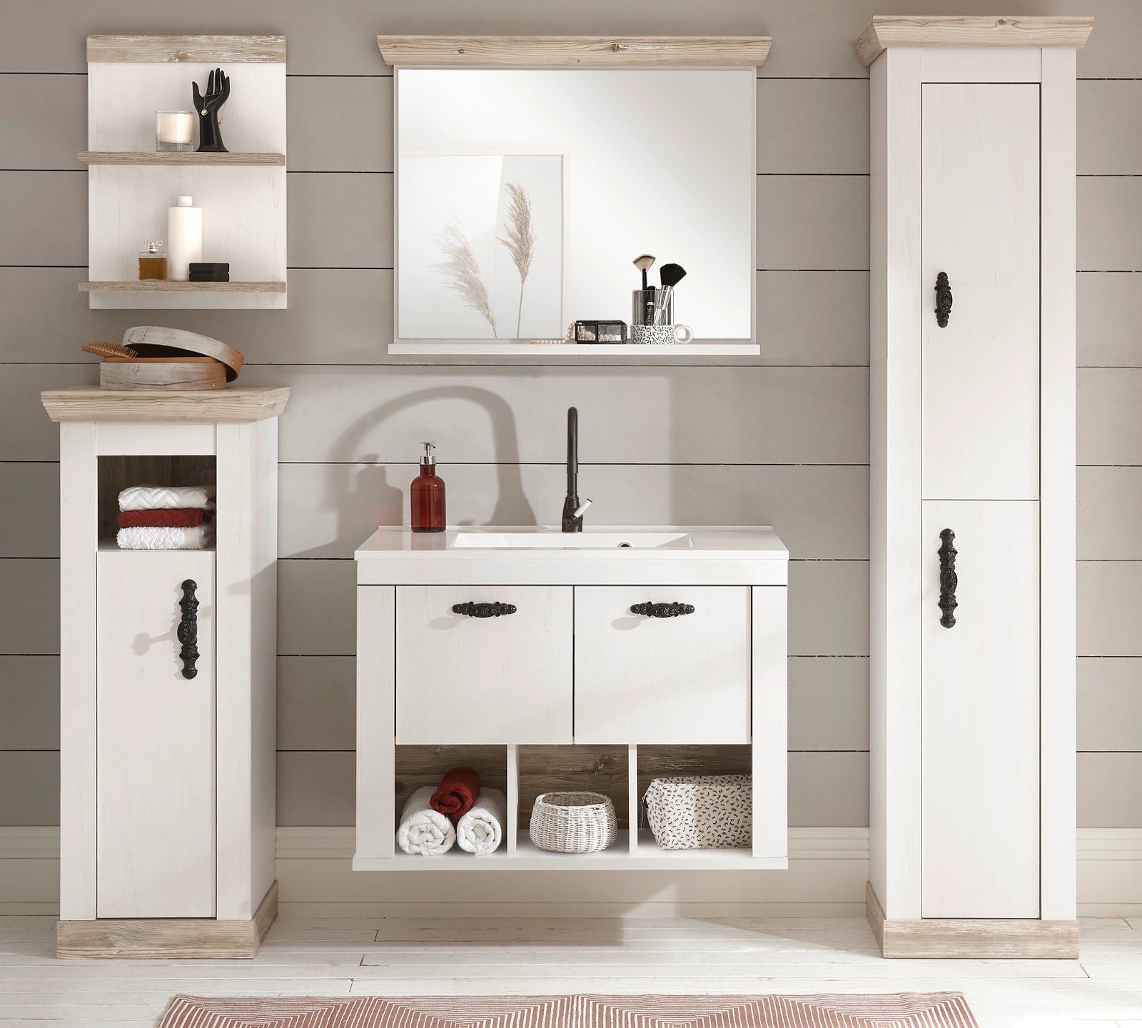 Thumbnail - Furn.Design Waschtisch-Set Rovola, (in weiß Pinie Landhausstil, 6-St., 205 x 200 cm), inklusive Waschbecken