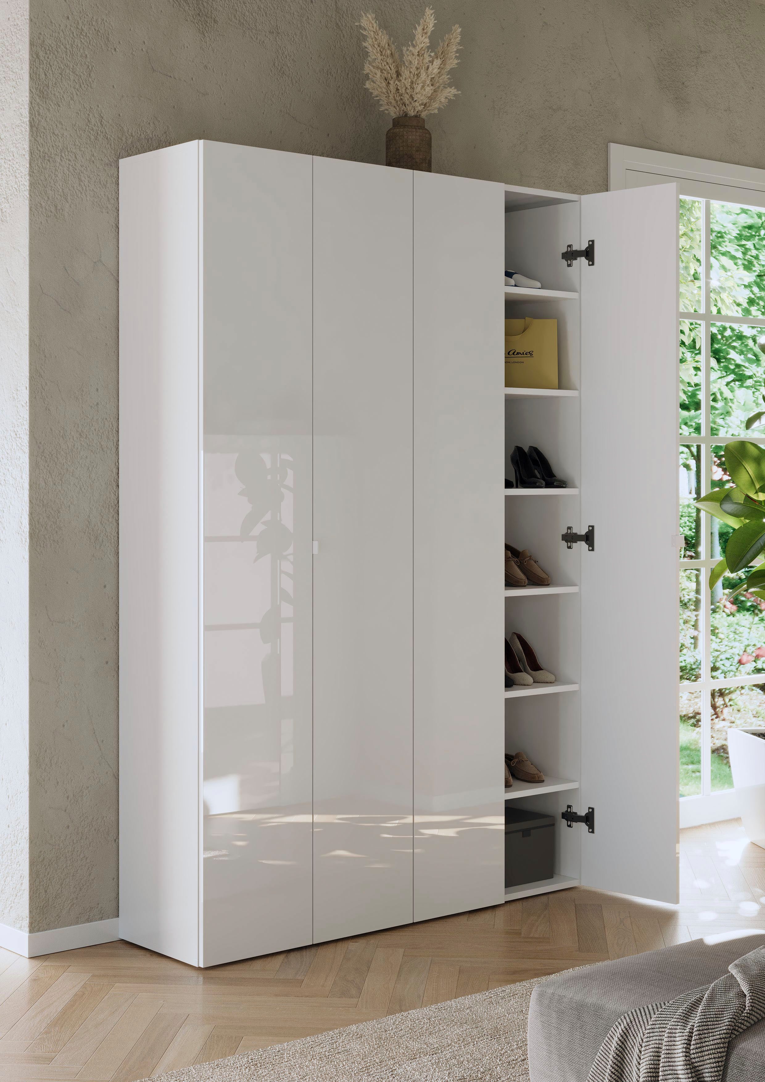 OTTO home Schuhschrank SMILE Breite 124 cm, Höhe 184 cm, Schuhregal mit 7 Ebenen, 14 Fächer Schuhkommode in Weiss Hochglanz Lack, 2 Metallgriffe – Bild 4 von 5