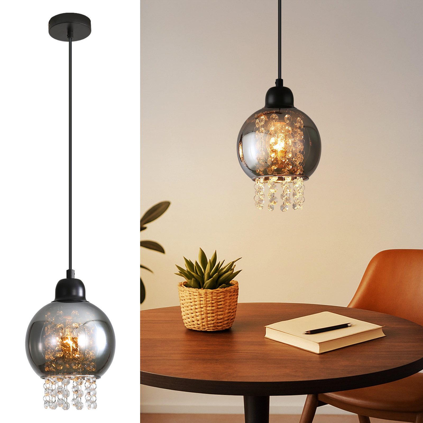 Nettlife Pendelleuchte Esstisch Glas Kristall E27 Schwarz Modern Hängelampe günstig online kaufen