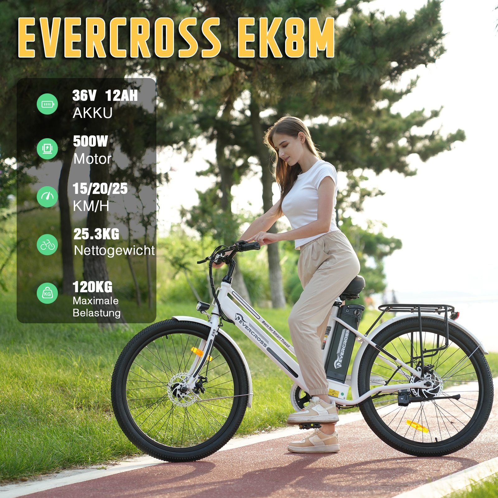 E-Bike 7 für mit 15AH faltbare Evercross und Elektrofahrräder Gang, Motor Akku, Kettenschaltung,250W Getriebe, Herren 48V EK6 7 Weiß Gang Damen Elektrofahrräder