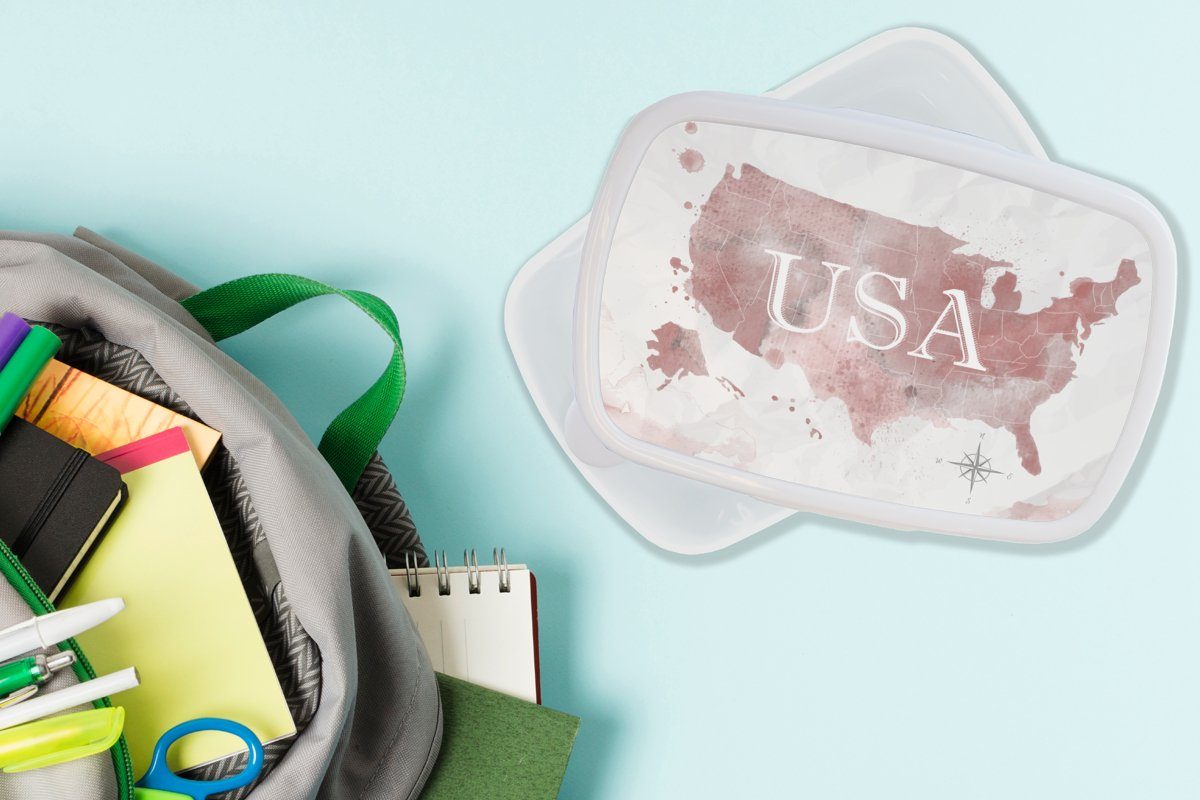 Kunststoff, für Brotdose, Lunchbox Brotbox Kinder (2-tlg), Erwachsene, und Karte Aquarell, und weiß Jungs MuchoWow für - Amerika - Mädchen