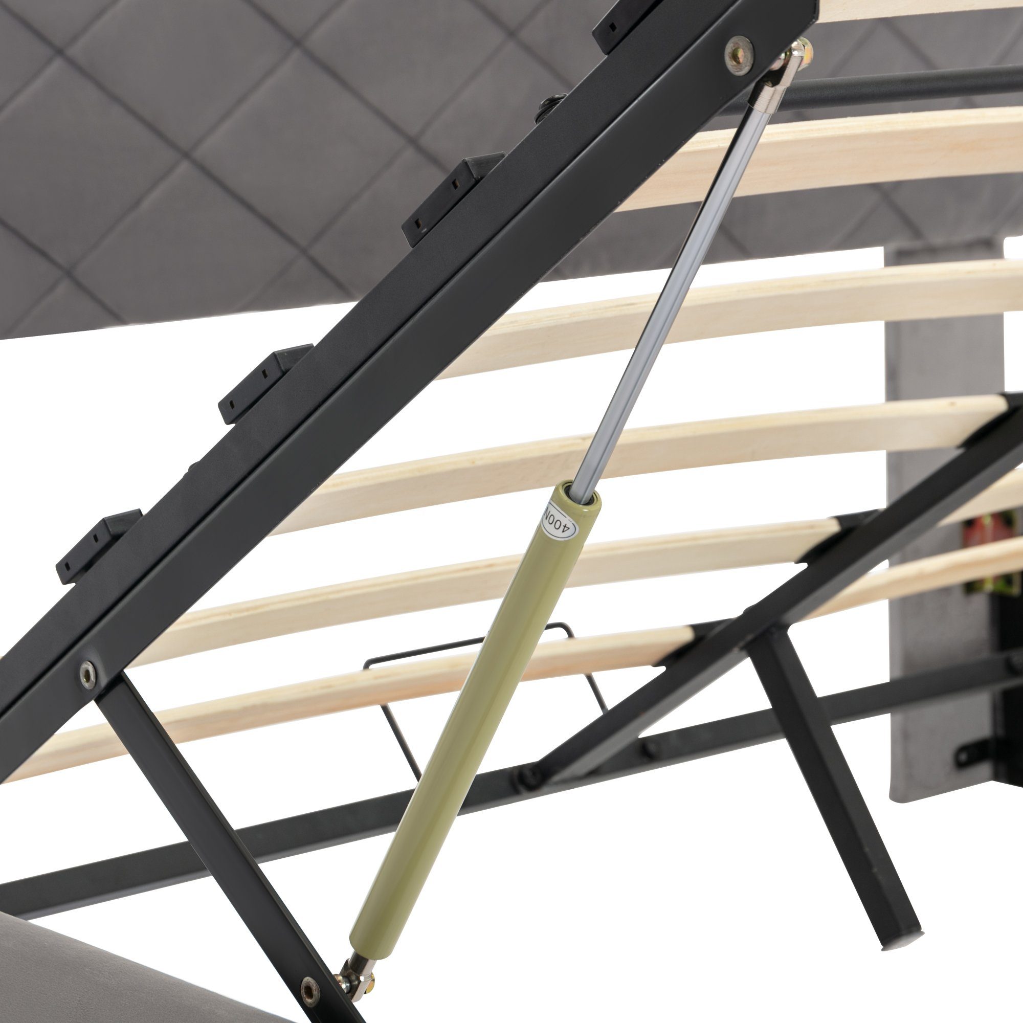 Boxspringbett, Hydraulisches Funktionsbett Polsterbett mit Lattenrost und Bettkasten 140x200cm Doppelbett, Grau Samtbezug, Lattenrost aus Holz