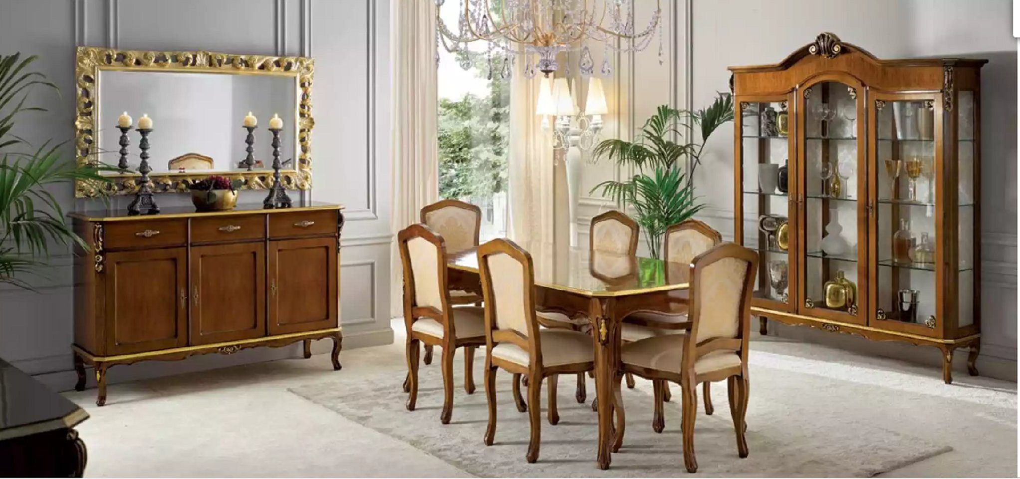 JVmoebel Esszimmer-Set Klassischer Esstisch Tisch Holz Esszimmer Garnitur 6x Stühle 9 tlg., (9-St., Nur Esstisch + 6x Stühle + Sideboard + Vitrine), Made in Italy