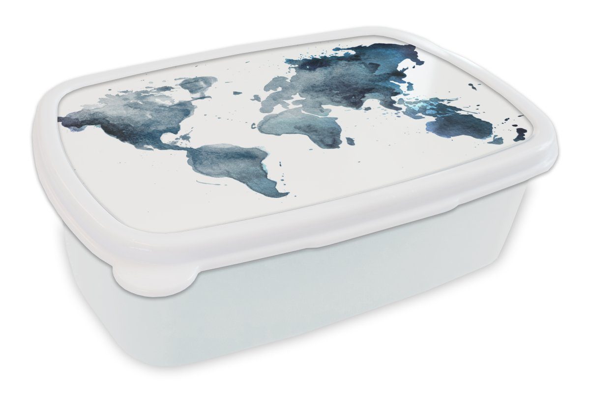 MuchoWow Lunchbox Weltkarte - Abstrakt - Aquarell, Kunststoff, (2-tlg), Brotbox für Kinder und Erwachsene, Brotdose, für Jungs und Mädchen weiß