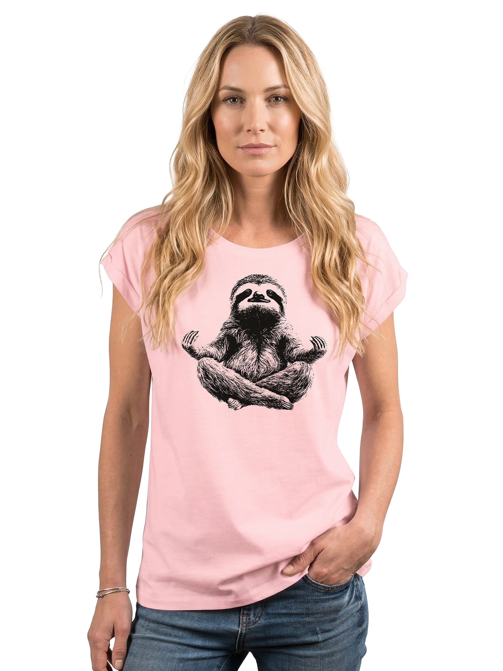 MAKAYA T-Shirt Kurzarm Damen T-Shirt mit lustigem Faultier-Yoga-Aufdruck (Weiß, Rosa, Hellgrau, Grün, Dunkelgrau, 34, 36, 38, 40, 42, 44, 46, 48, 50) Baumwolle