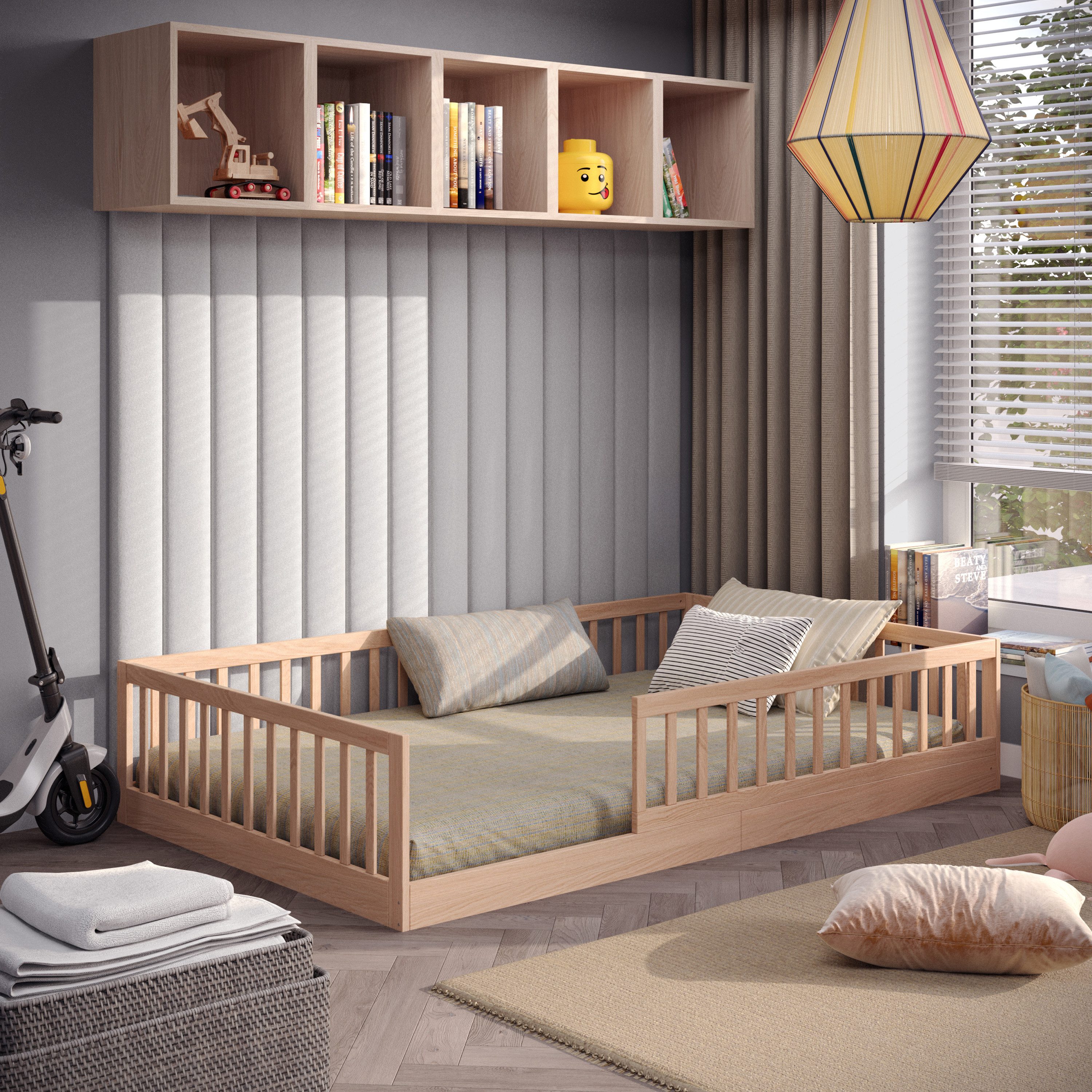 CADANI Kinderbett Timi Bodenbett bis 200 kg belastbar mit abnehmbarem Rausfallschutz (120x200 cm, Montessori Kinder- & Jugendbett aus Kiefer Massivholz), inkl. stabilem Roll-Lattenrost, Natur