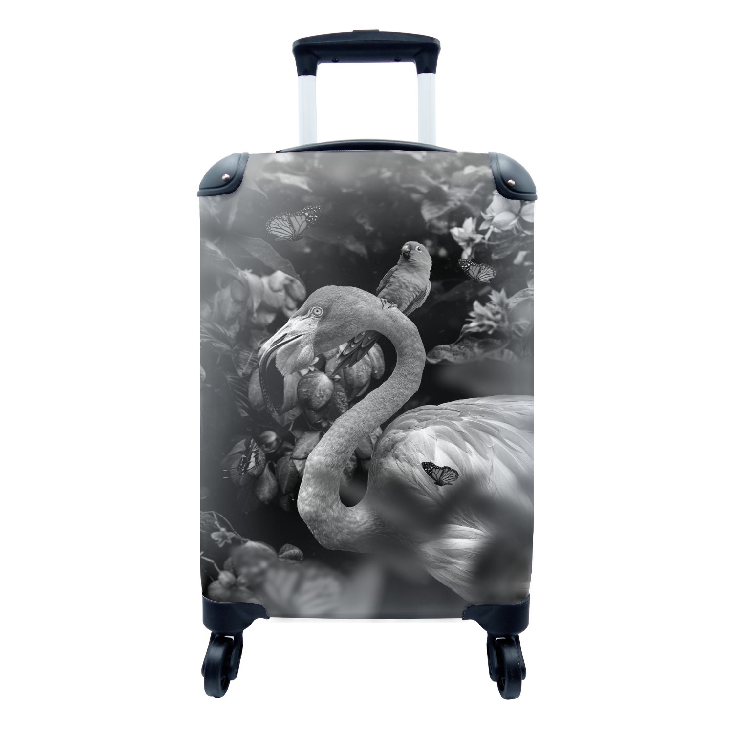 Flamingo Reisetasche ein schwarz Reisekoffer Trolley, Handgepäckkoffer rollen, 4 für - Rollen, mit Dschungel im MuchoWow weiß, und und Ferien, Handgepäck Vogel