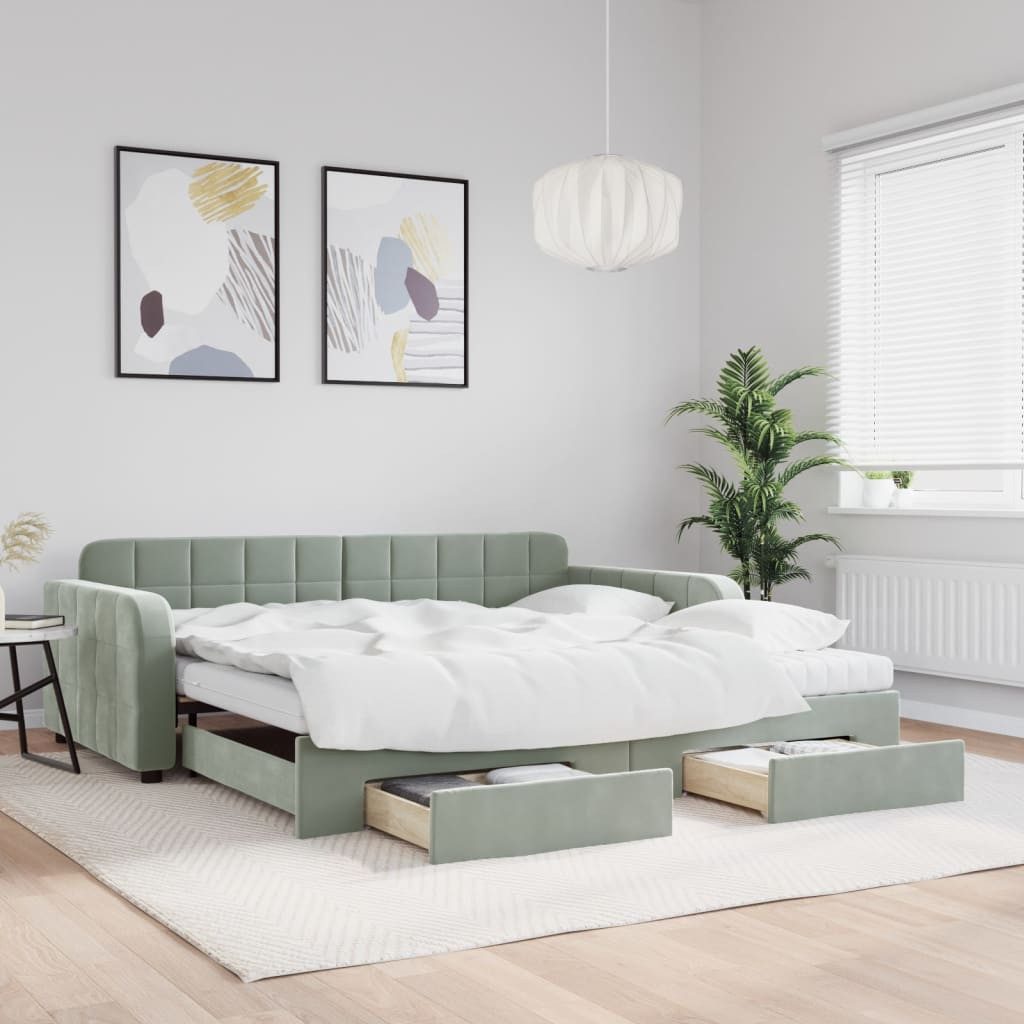 vidaXL Bett, Tagesbett Ausziehbar mit Schubladen Hellgrau 100x200 cm Samt günstig online kaufen